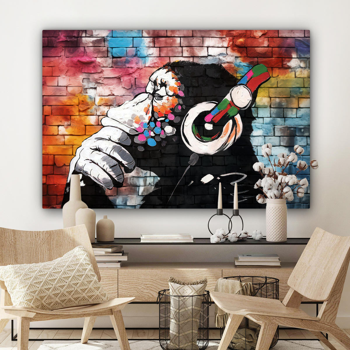LEINWANDBILD Affe - Graffiti - Musik Wohnzimmer Groß 120x80 cm - Multicolor, Textil (120/80cm) - MuchoWow