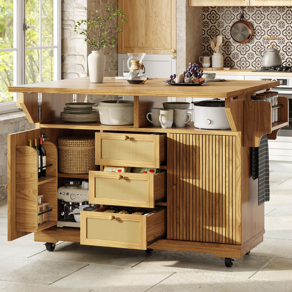 KÜCHENINSEL Ausklappbar PE Rattan Naturbraun - Naturfarben, Holzwerkstoff (142.5/95/80cm) - FLIEKS