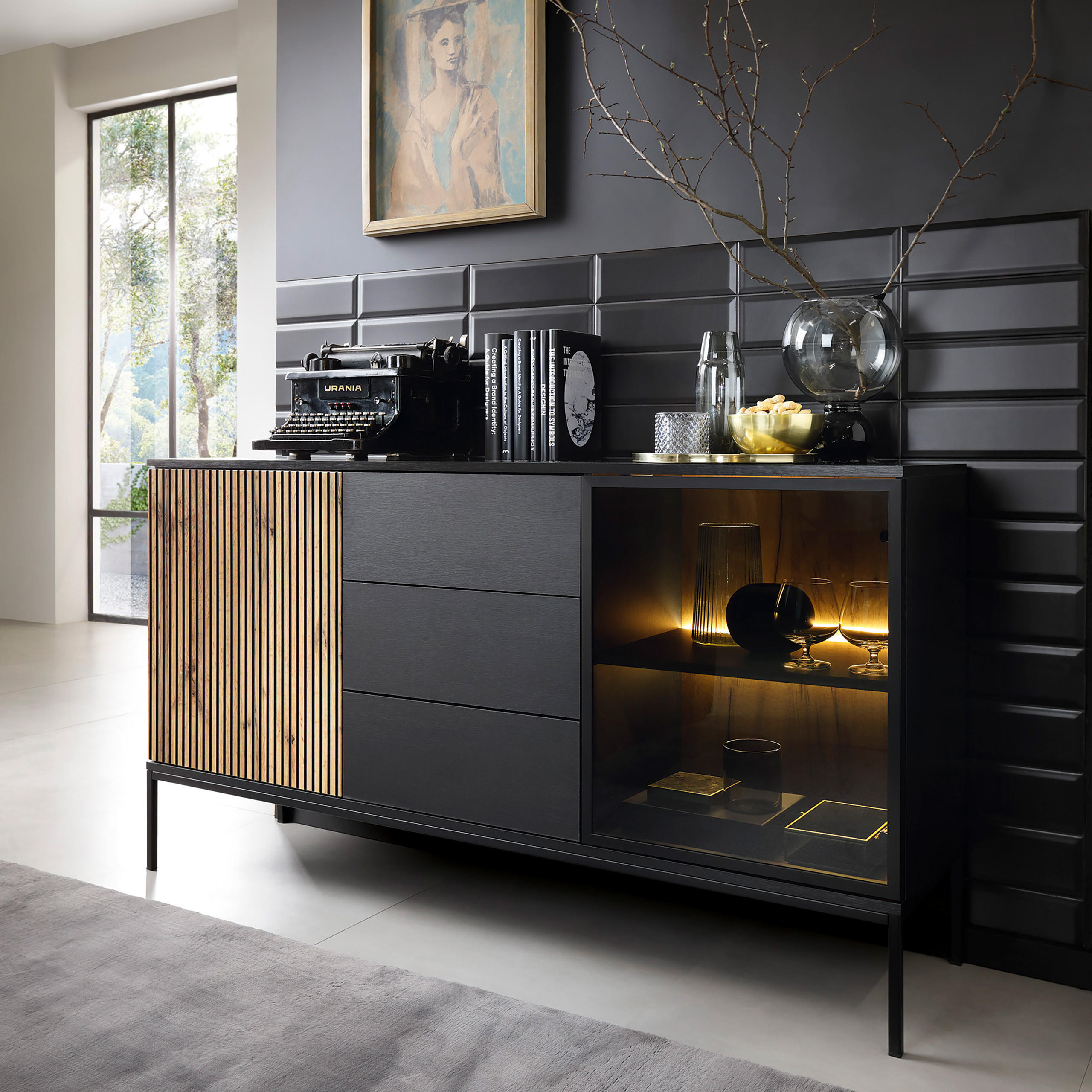 SIDEBOARD SENTIERO 154/83/39 cm mit LED 3 Schubladen und 2 Türen Schwarz - Eiche Wotan/Schwarz, Holzwerkstoff (154/83/39cm) - MASSENO