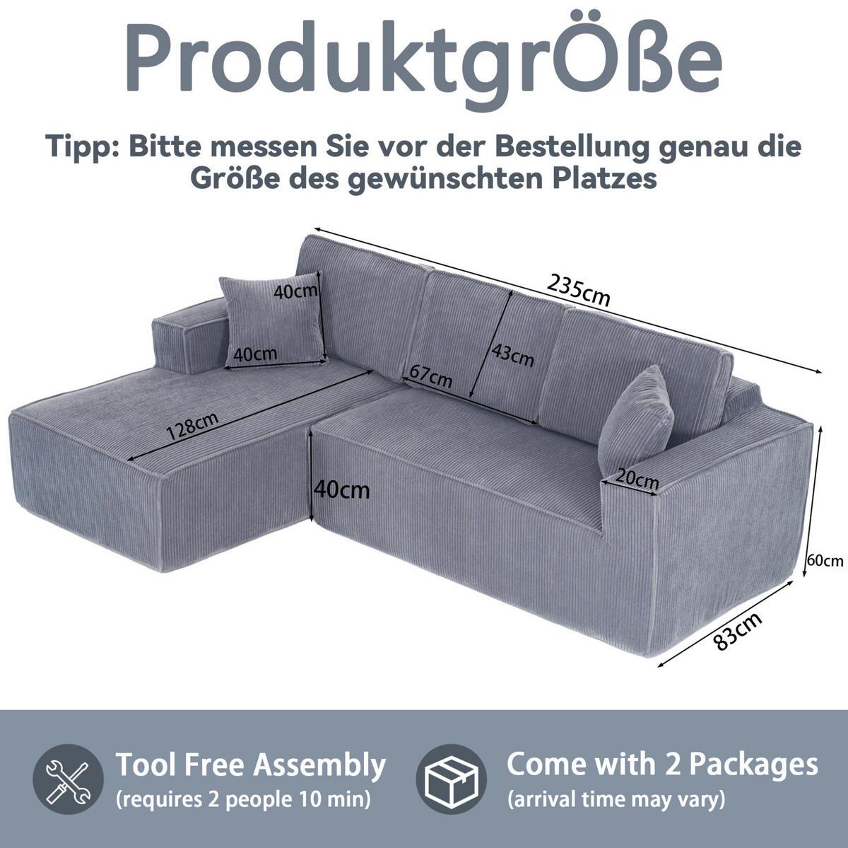 ECKSOFA 235/128/60 cm grau aus Cord mit Chaiselongue - Grau, Textil (128/235cm) - OKWISH