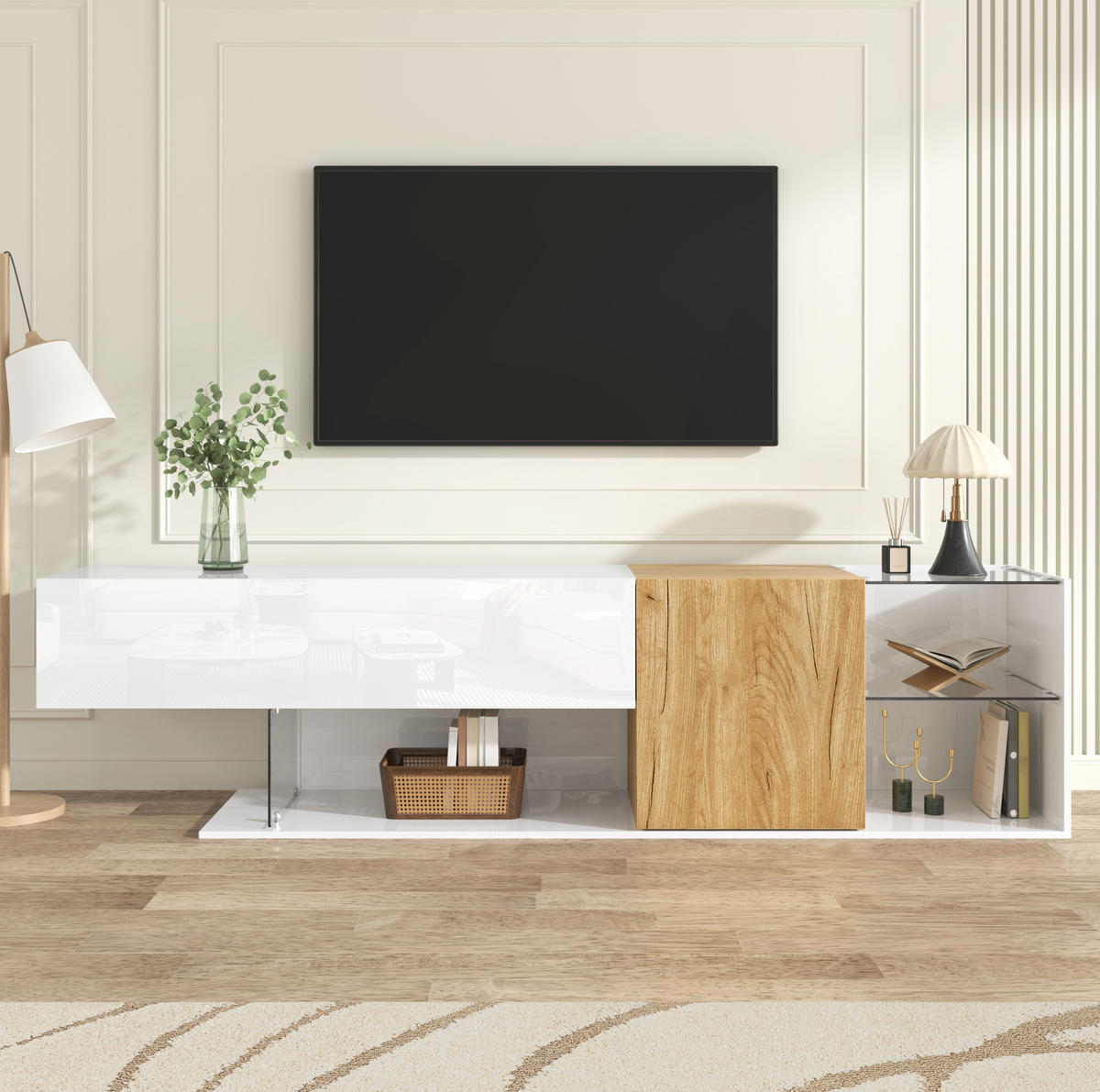 TV-LOWBOARD aus Spanplatte 180x38x48 cm Weiß/Natur mit Glasregalen und Stauraum - Weiß, Holzwerkstoff (180/48/38cm) - IVMEU