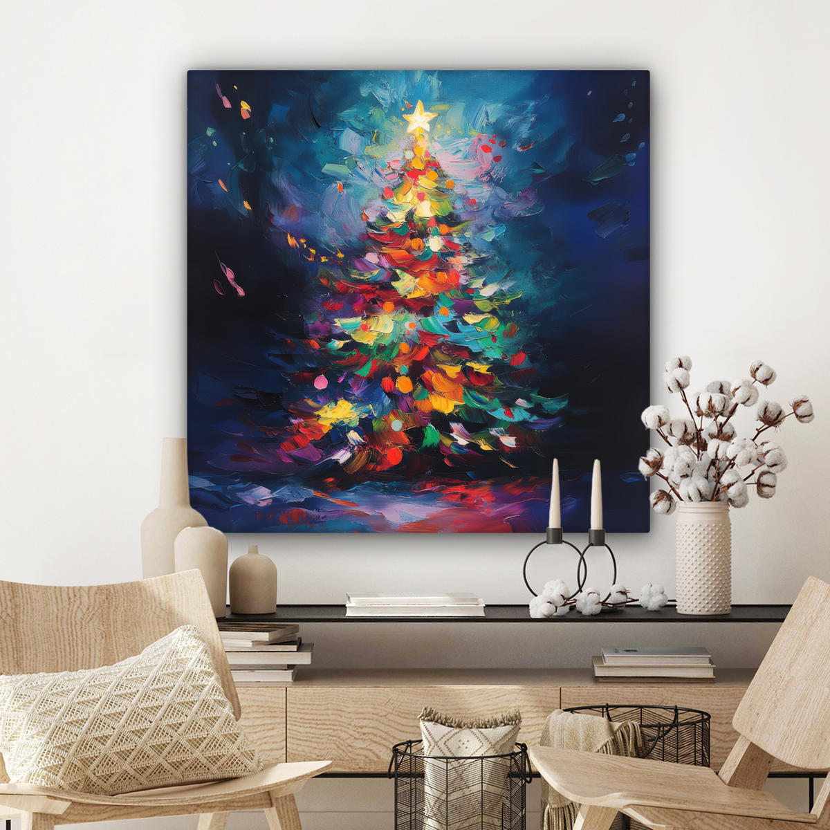 LEINWANDBILD Weihnachtsbaum - Weihnachten - Abstrakt - Farbenfroh 90x90 cm - Multicolor, Textil (90/90cm) - MuchoWow