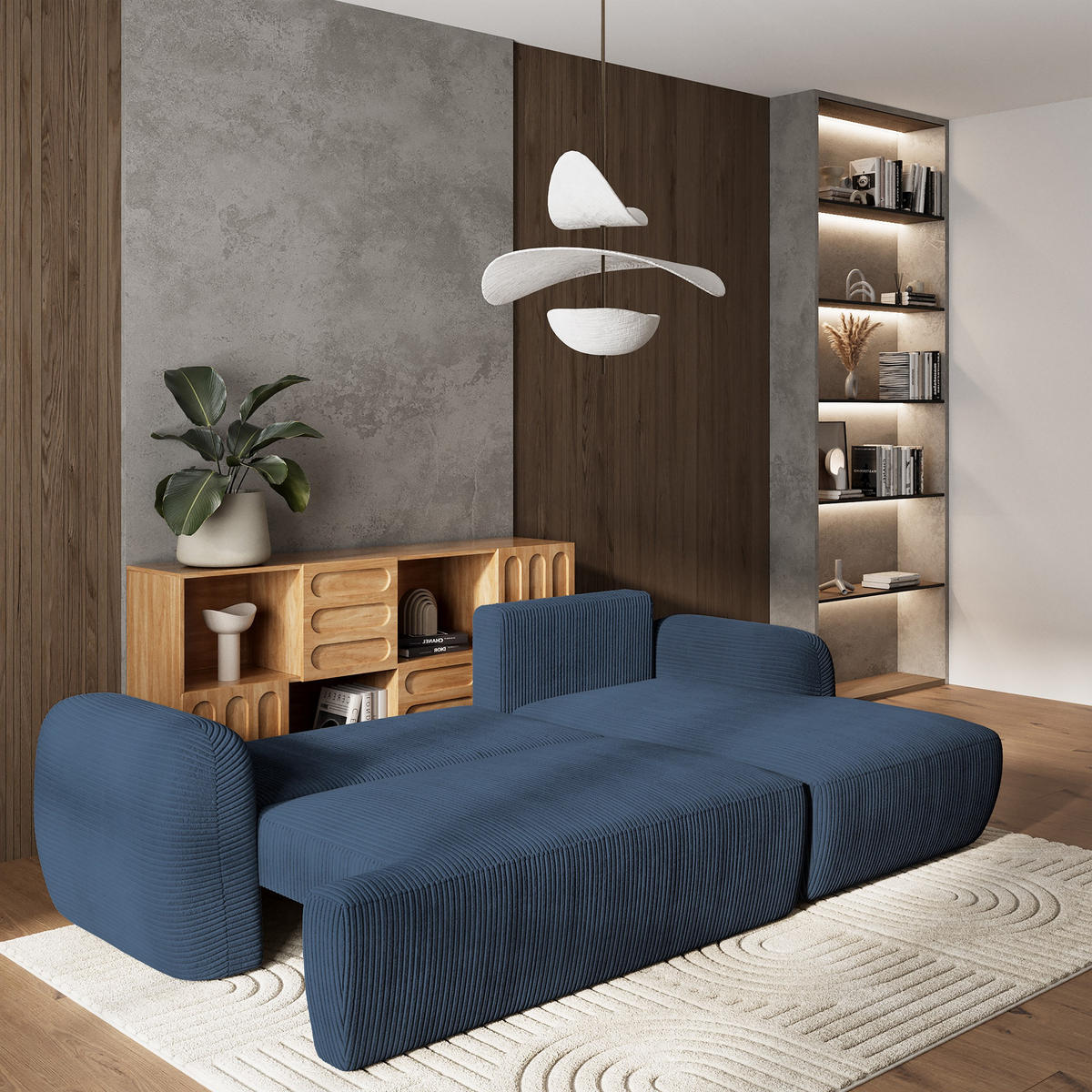 ECKSOFA MODENZA P R-S Blau Kordstoff mit Schlaffunktion - Blau, Holz (266/148cm) - MASSENO
