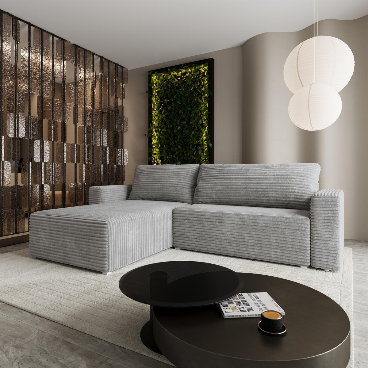 ECKSOFA CALTI T Hellgrau Kordstoff mit Schlaffunktion - Hellgrau, Holzwerkstoff/Textil (283/183cm) - MASSENO
