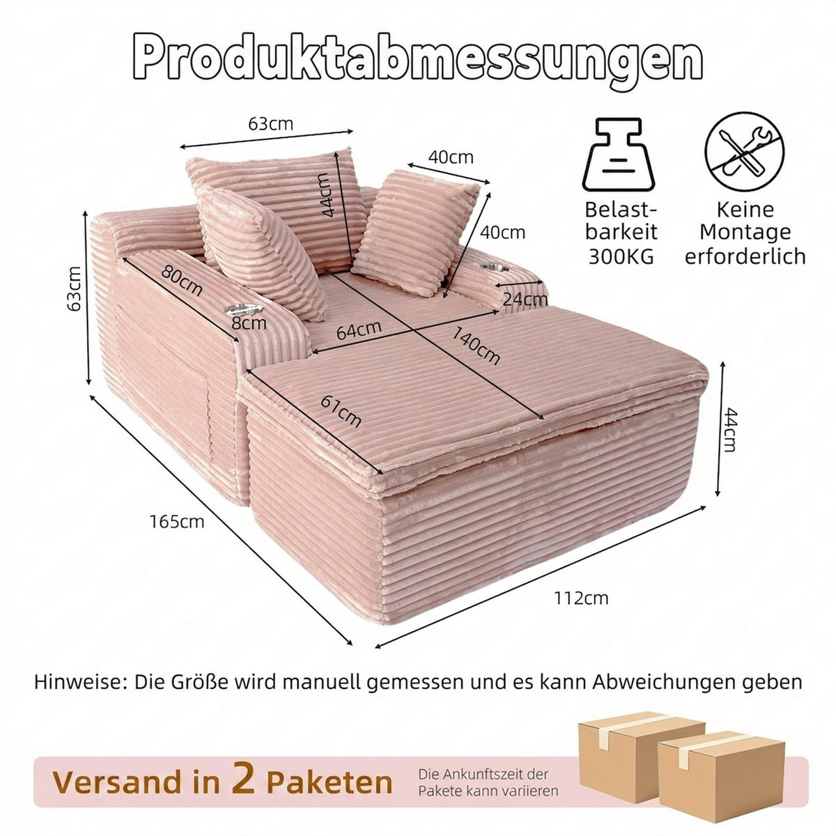 SCHLAFSOFA 165/112/63 cm Rosa mit Chaiselongue, 3 Kissen und 1 Decke - Rosa, Textil (112/63/165cm) - Oxeza