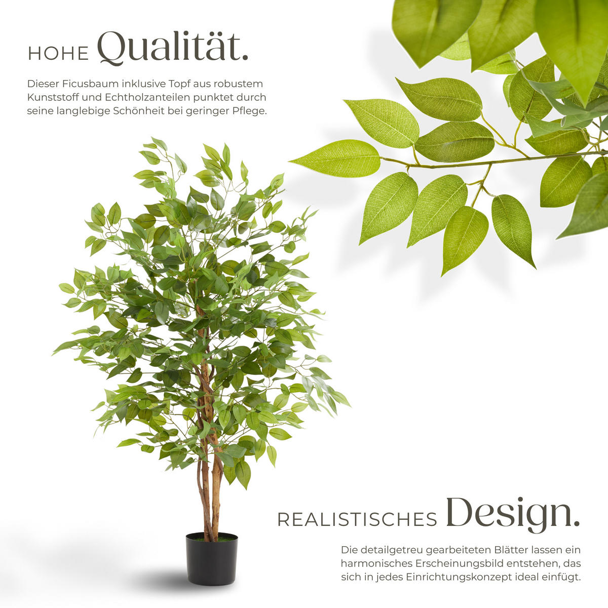 KÜNSTLICHER-FICUSBAUM Fida,stabiler Kunststoff-Blumentopf,grün - Grün, Kunststoff (120cm) - tectake