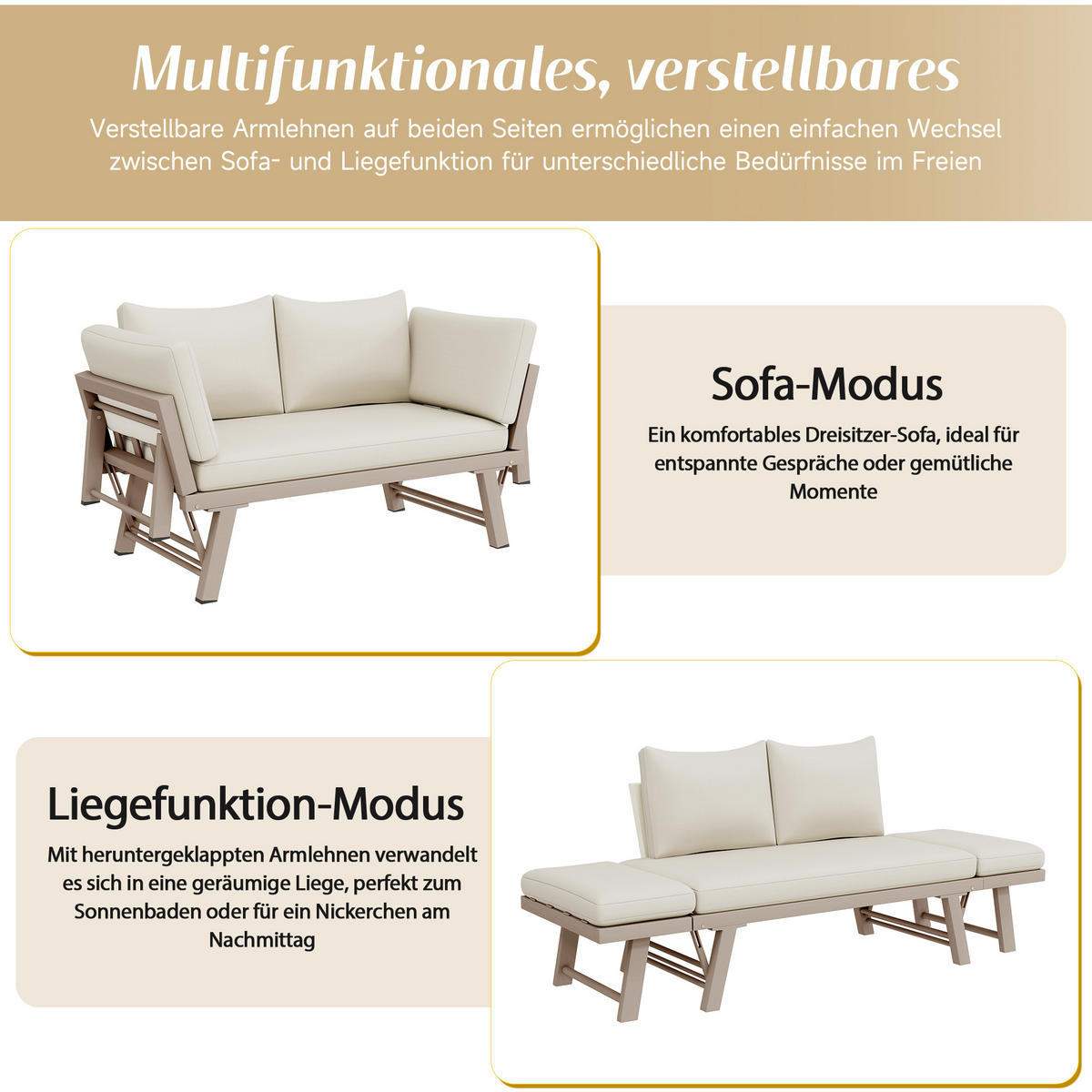 GARTENMÖBEL-SET 2-Sitzer Sofa Liegefunktion Klappbar Beige - Beige, Textil (60.5/66/167cm) - FLIEKS