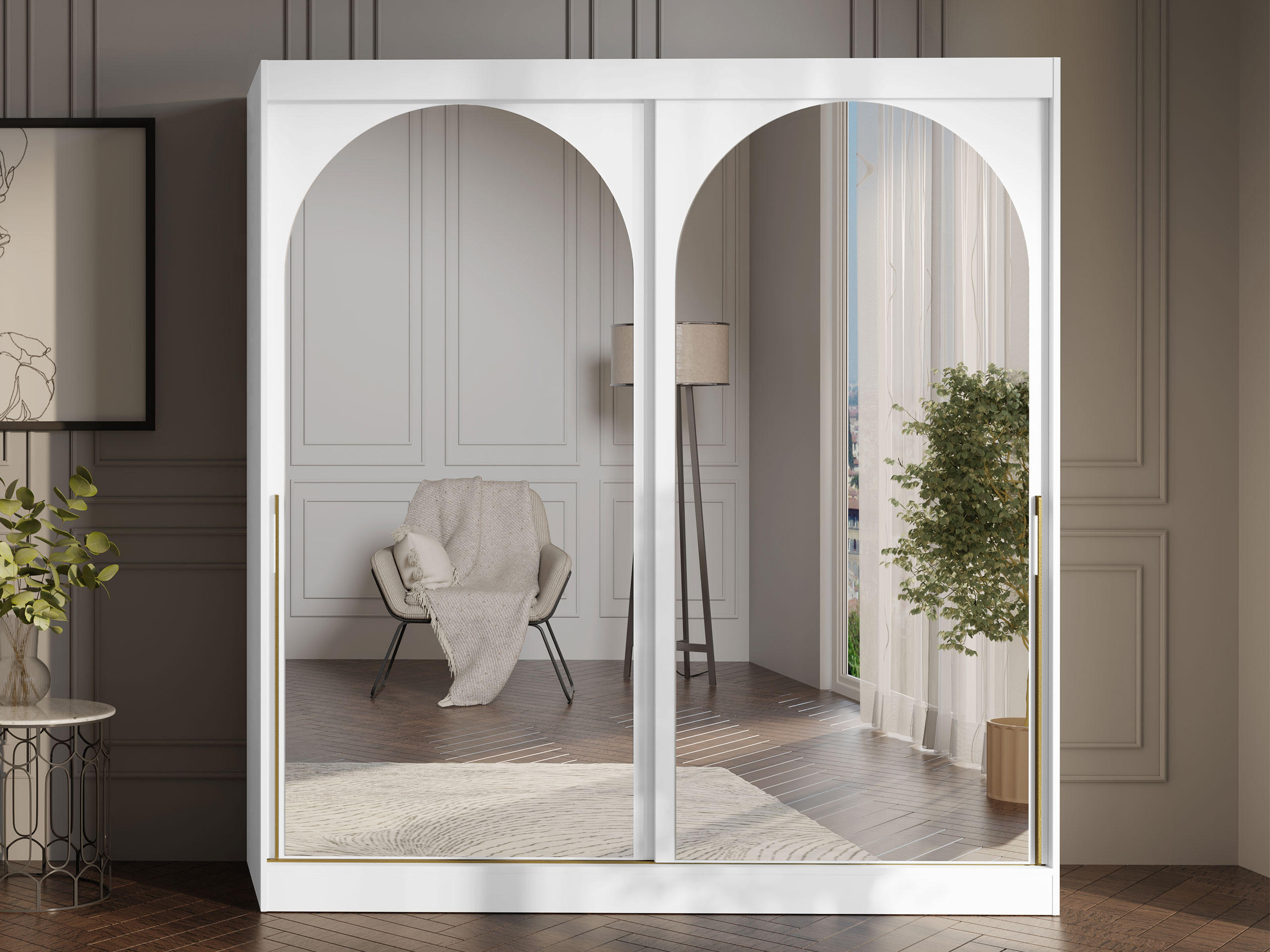 SCHIEBETÜRENSCHRANK Modin 200 - Goldfarben/Weiß, Holzwerkstoff/Kunststoff (200/216/65cm) - MIRJAN24