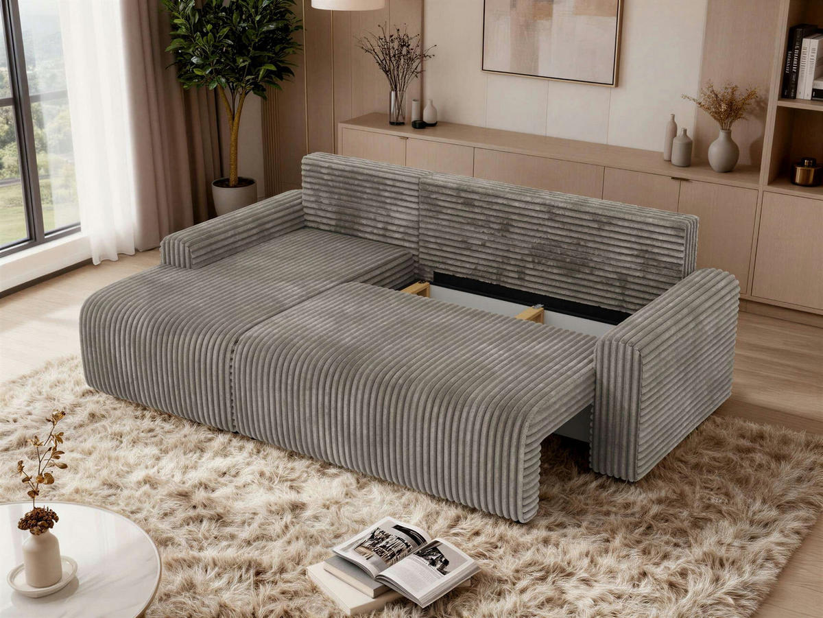 ECKSOFA NESSARO L Hellbraun Cord - Links Seite - Hellbraun/Schwarz, Kunststoff/Textil (244/151cm) - MKS