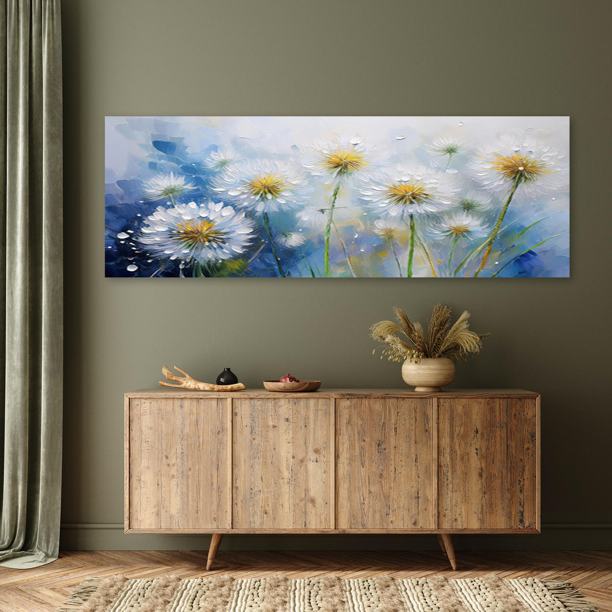 WANDBILD löwenzahn pflanzen blumen tautropfen - Blau, Textil (90/30cm) - Feeby