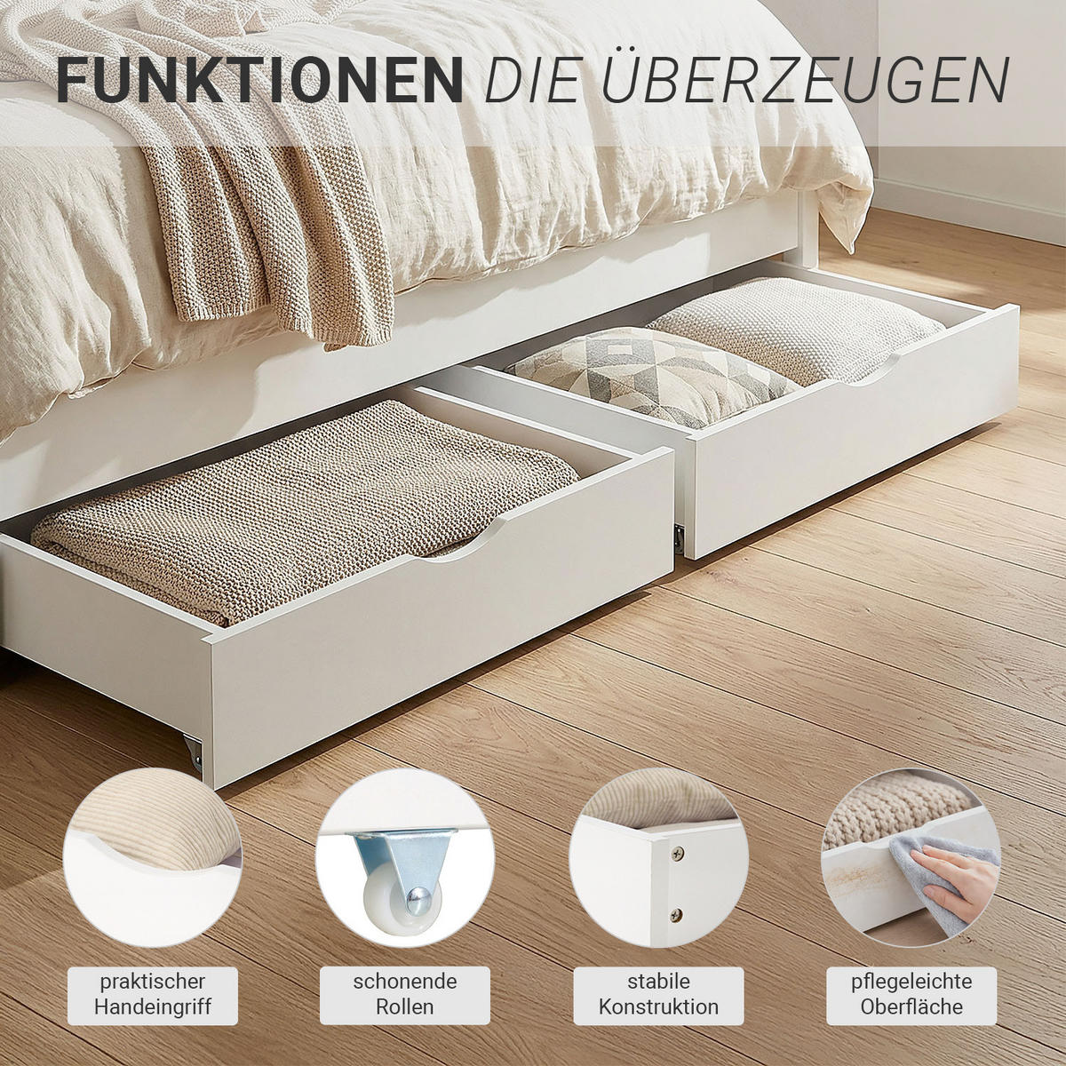 HOLZBETT Weiß 180/200 cm mit 2 Matratzen und Bettkästen - Weiß, Holz - Homestyle4u
