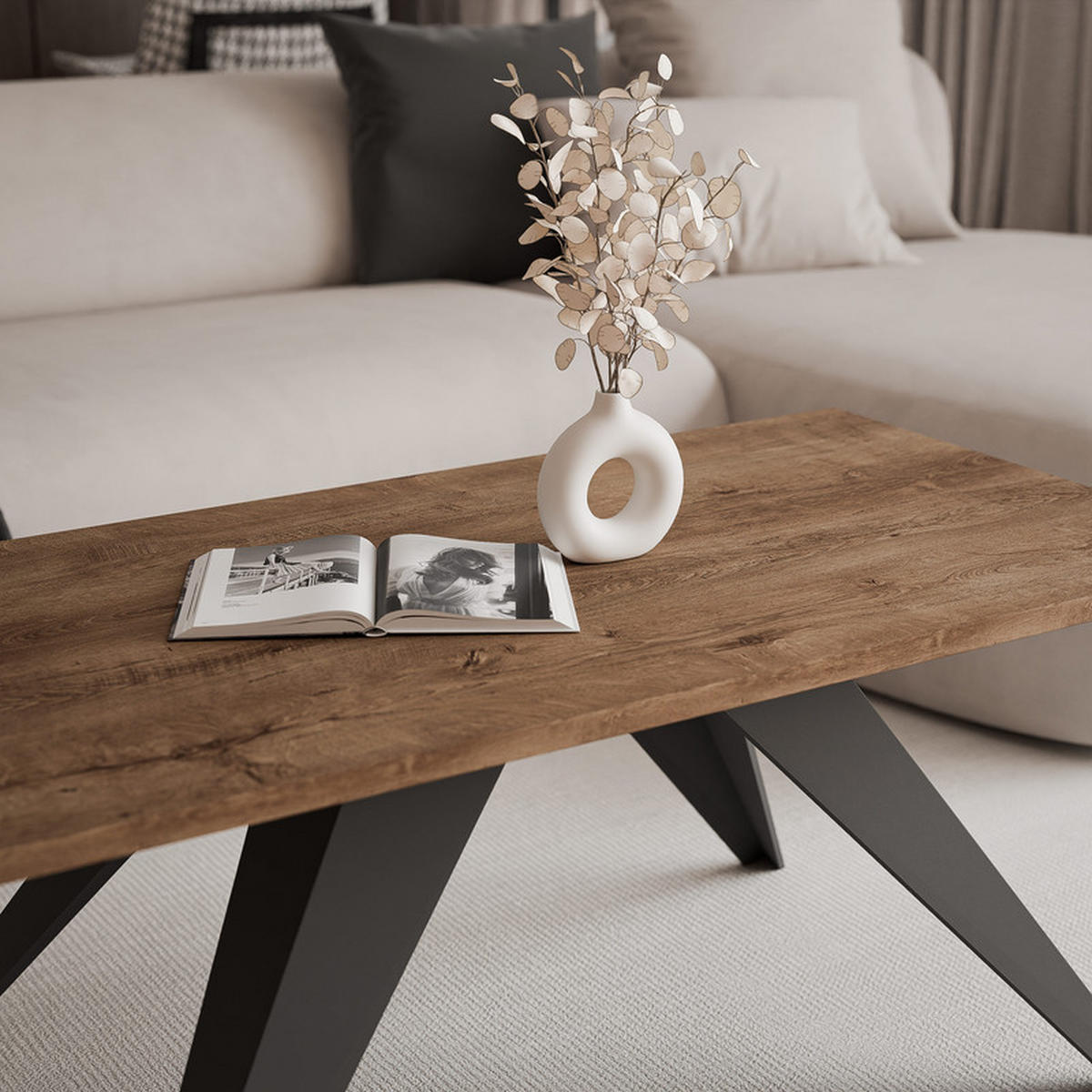 COUCHTISCH AIRA 120/60/48 cm Rechteckig, Schwarz/Lefkas-Eiche - Eichefarben/Schwarz, Metall (60/120/48cm) - Idohome