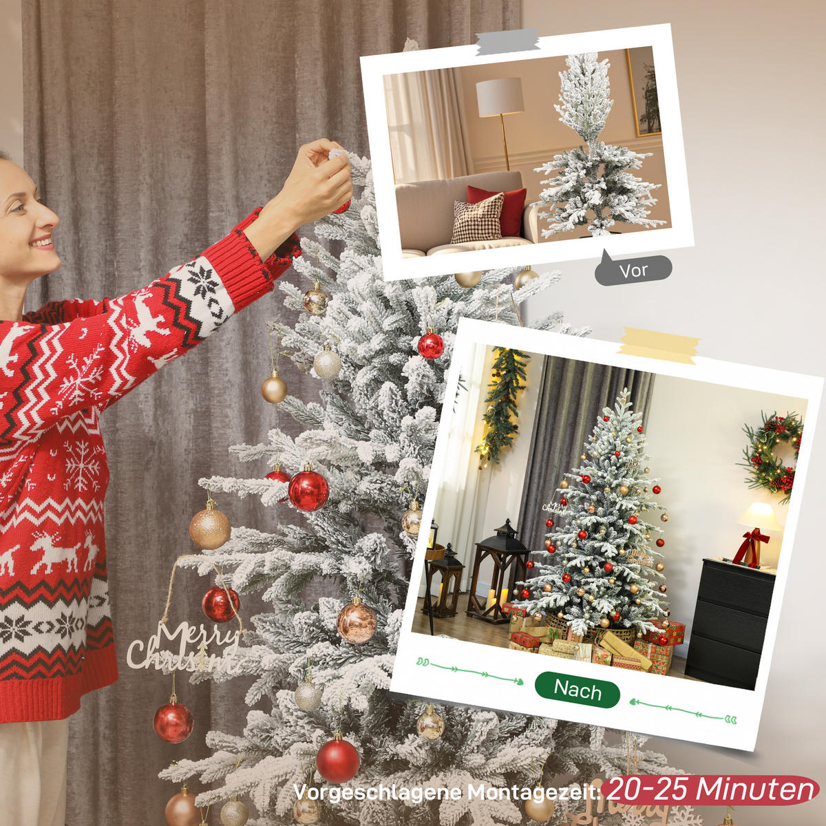 KÜNSTLICHER-WEIHNACHTSBAUM, 180cm Christbaum mit Schnee, 1815 Zweigen Grün - Grün, Kunststoff (180cm) - HOMCOM