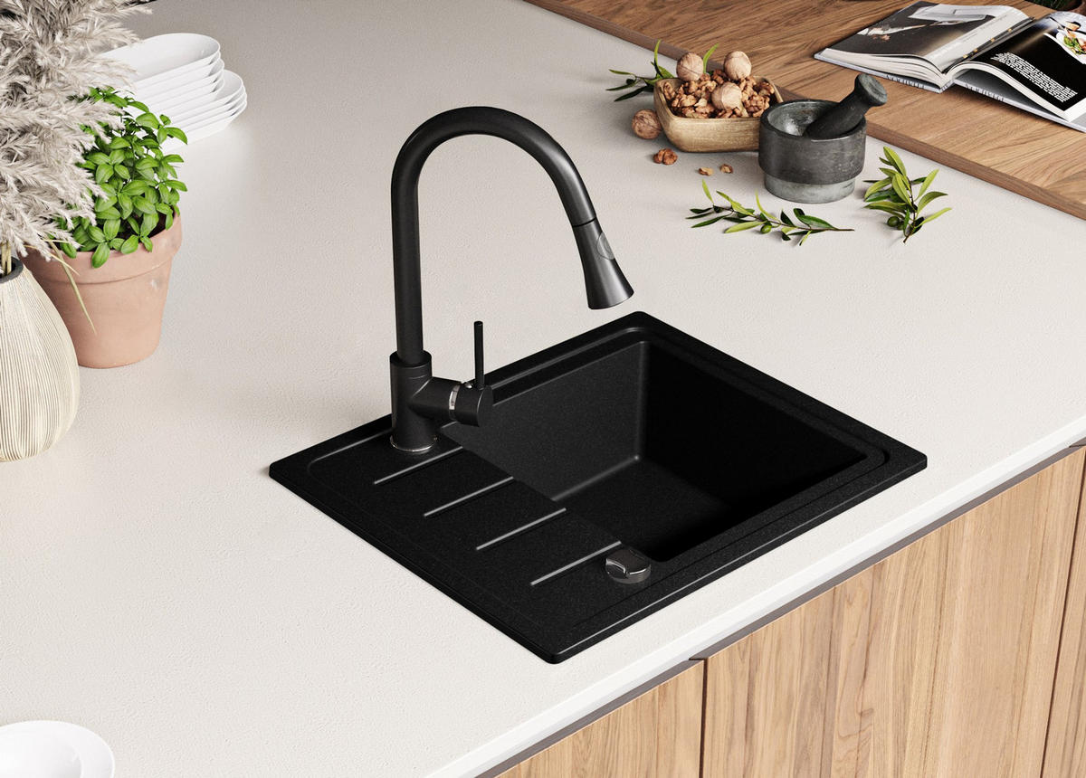 SPÜLBECKEN Kopenhagen Easy, 2-er set Alles Schwarz 55/44 cm 1 Becken + Ablauf-Set ab 45er Unterschrank - Schwarz, Kunststoff (55/17/44cm) - Primagran