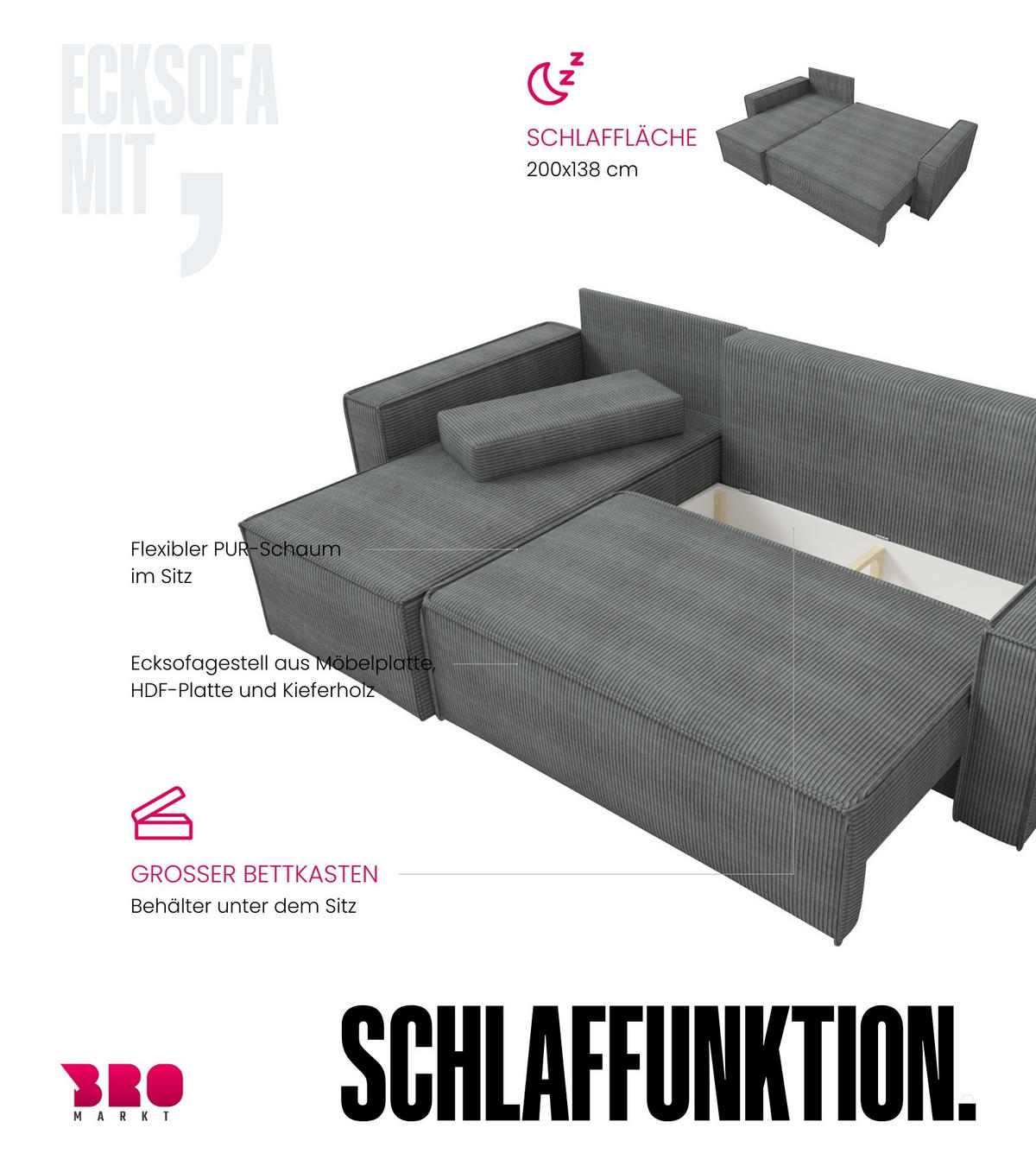 ECKSOFA Dexter mit Schlaffunktion Grau Cord - Hellgrau, Textil (238/141cm) - Bromarkt