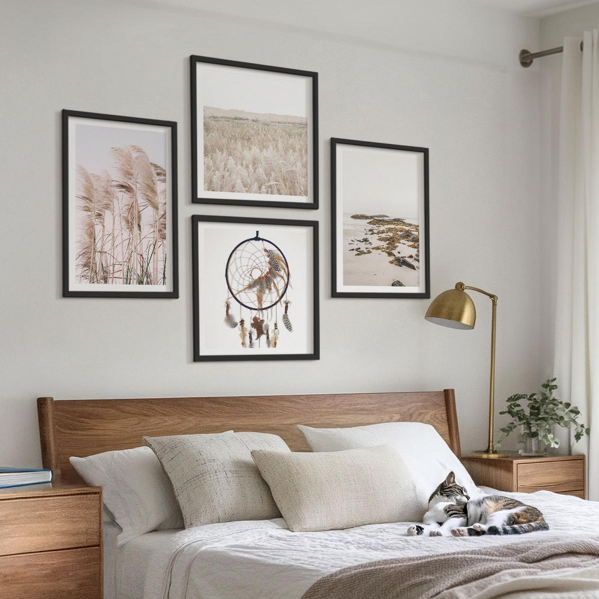 WANDBILDER 4er-Set - 50x50 cm & 40x60 cm Schwarzer Rahmen - Wiesen, Strand, Boho-Stil - Schwarz, Kunststoff (50/50cm) - ArtPrintCave