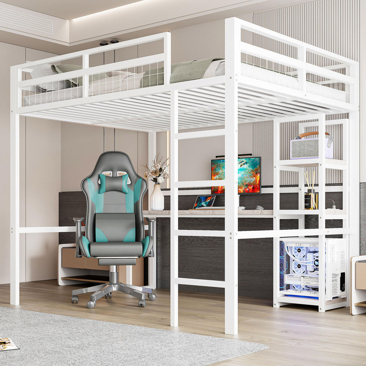 HOCHBETT 140/200 cm Weiß mit Schreibtisch, Regalen und USB- und Type-C-Anschlüssen - Weiß, Metall (140/200cm) - Flora Grace