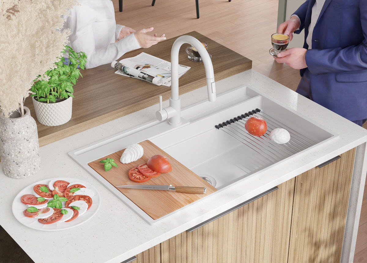 SPÜLBECKEN Oslo Pocket, 2-er set Weiß 88/53 cm 1 Becken + Ablauf-Set + Küchenzubehörset ab 90er Unterschrank - Chromfarben/Beige, Kunststoff (88/20/53cm) - Primagran