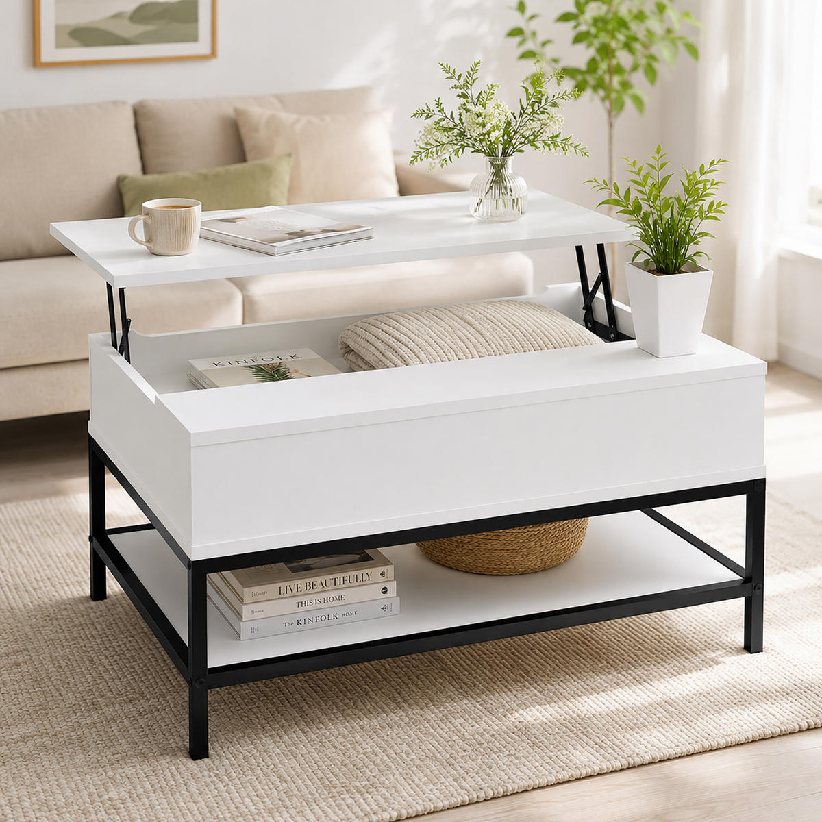COUCHTISCH Schwarz aufklappbar höhenverstellbar 90x60 cm - Weiß, Holzwerkstoff/Metall (90/86.5/58cm) - Relaxdays