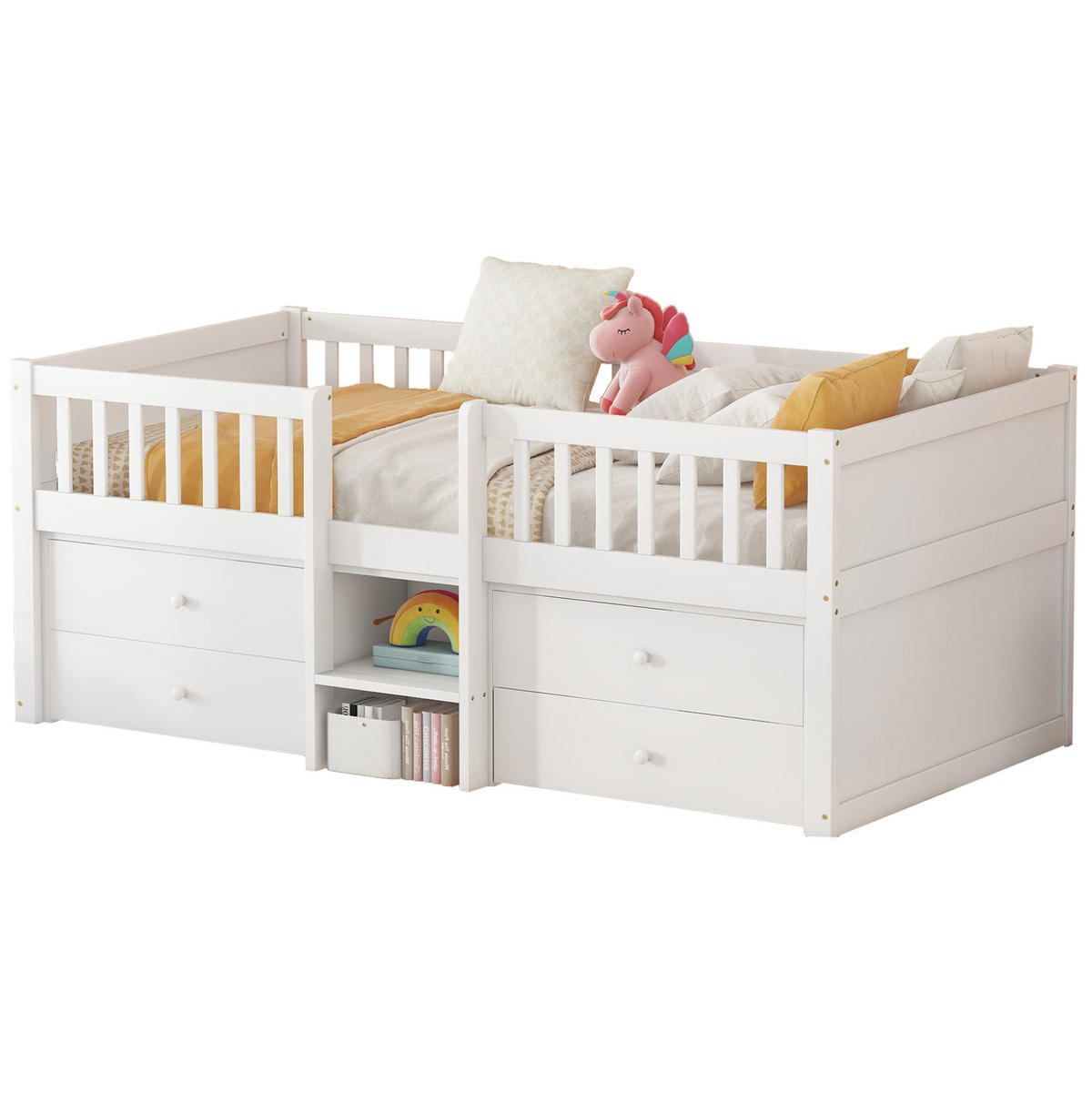 HOCHBETT 90/200 cm weiß mit 4 Schubladen und Sicherheitsgeländer mit Matratze - Weiß, Holzwerkstoff (90/200cm) - OKWISH