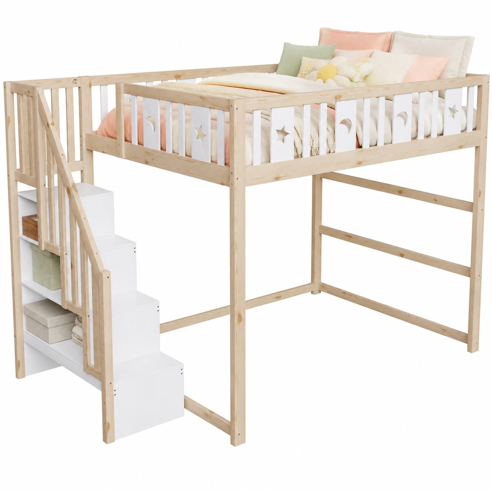 HOCHBETT 140/200 mit Stauraumtreppe, Sicherheitsgeländer und Stern-Mond-Dekor - Naturfarben, Holz (140/200cm) - EVRYAE