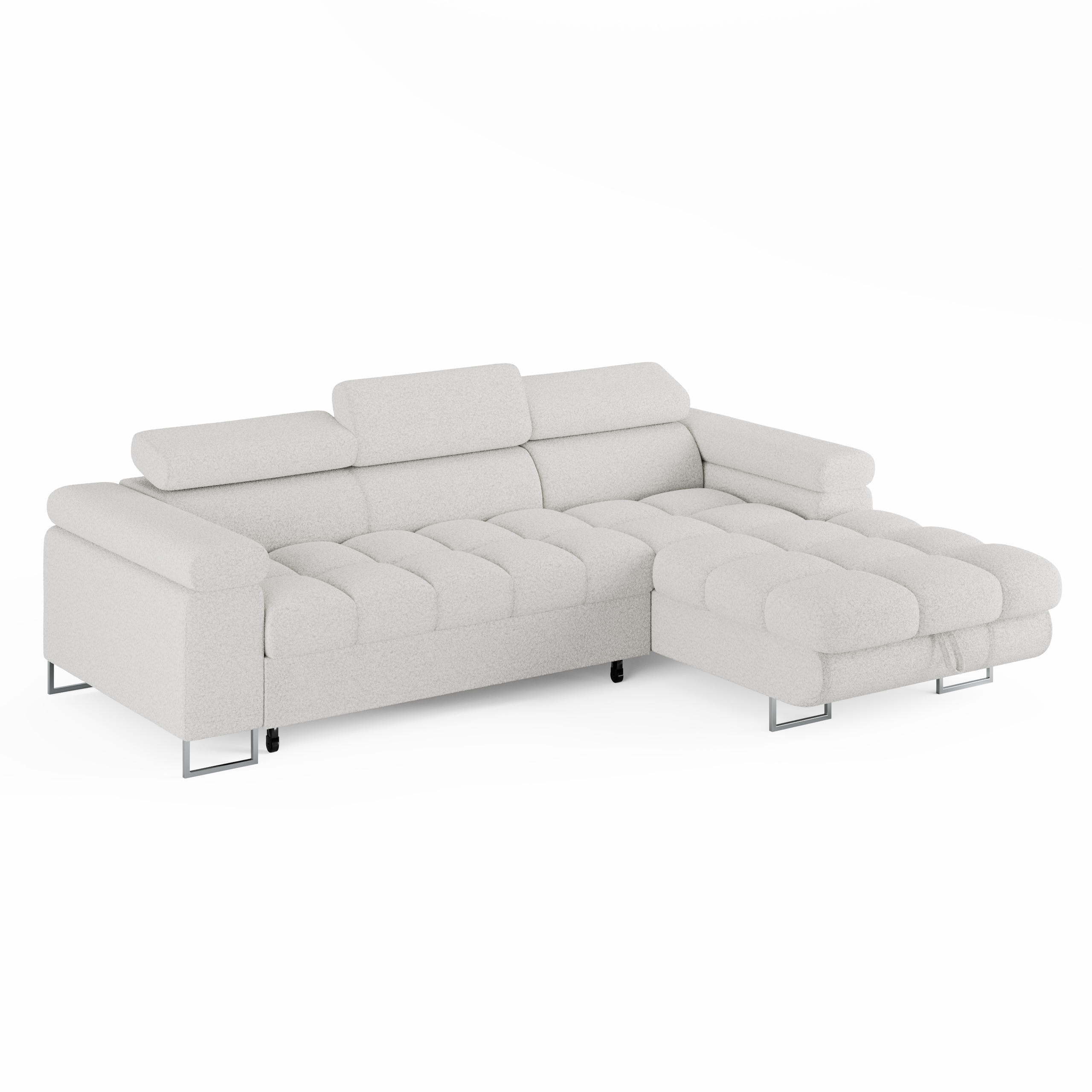 ECKSOFA CLOUD Rechts Weiß L-Form Bouclé-Stoff mit Schlaffunktion und Bettkasten - Chromfarben/Weiß, Holz/Metall (175/235cm) - Barchello