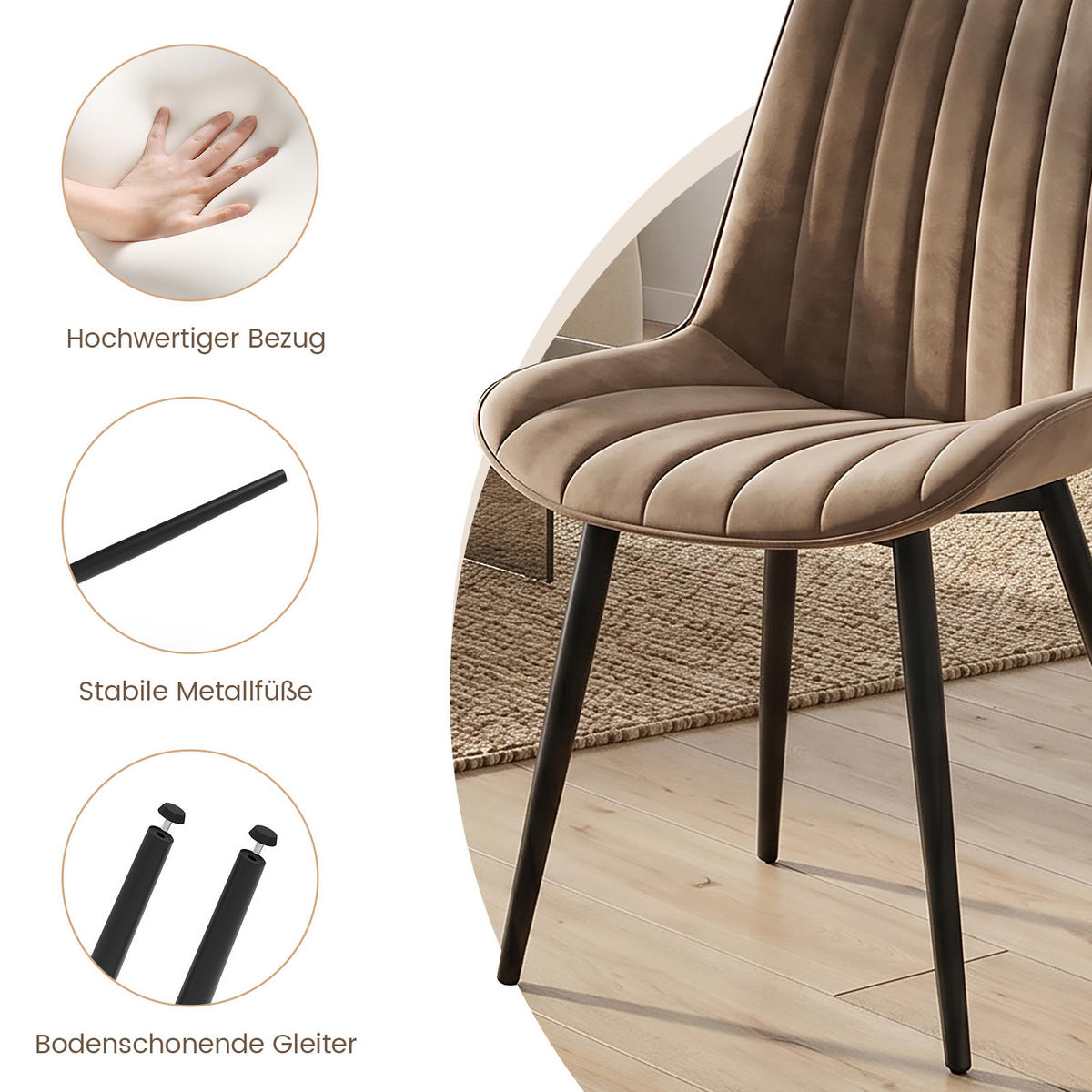 STUHL-SET 4 Stück Samt-YZ1 - Mokka, Textil/Metall (62.5/88/53cm) - HOMAVO