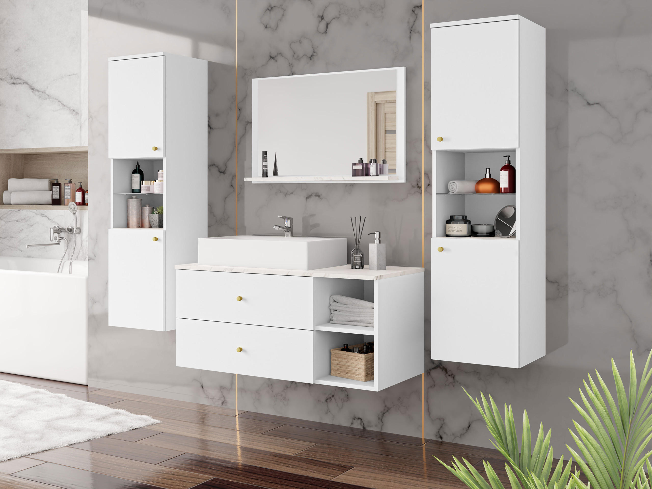 Thumbnail - Mirjan24 Badmöbel-Set, Weiß, Metall, 2 Schubladen, Rechteckig, 100x57x45 cm, Badezimmer, Badmöbelsets & Badmöbelserien, ...