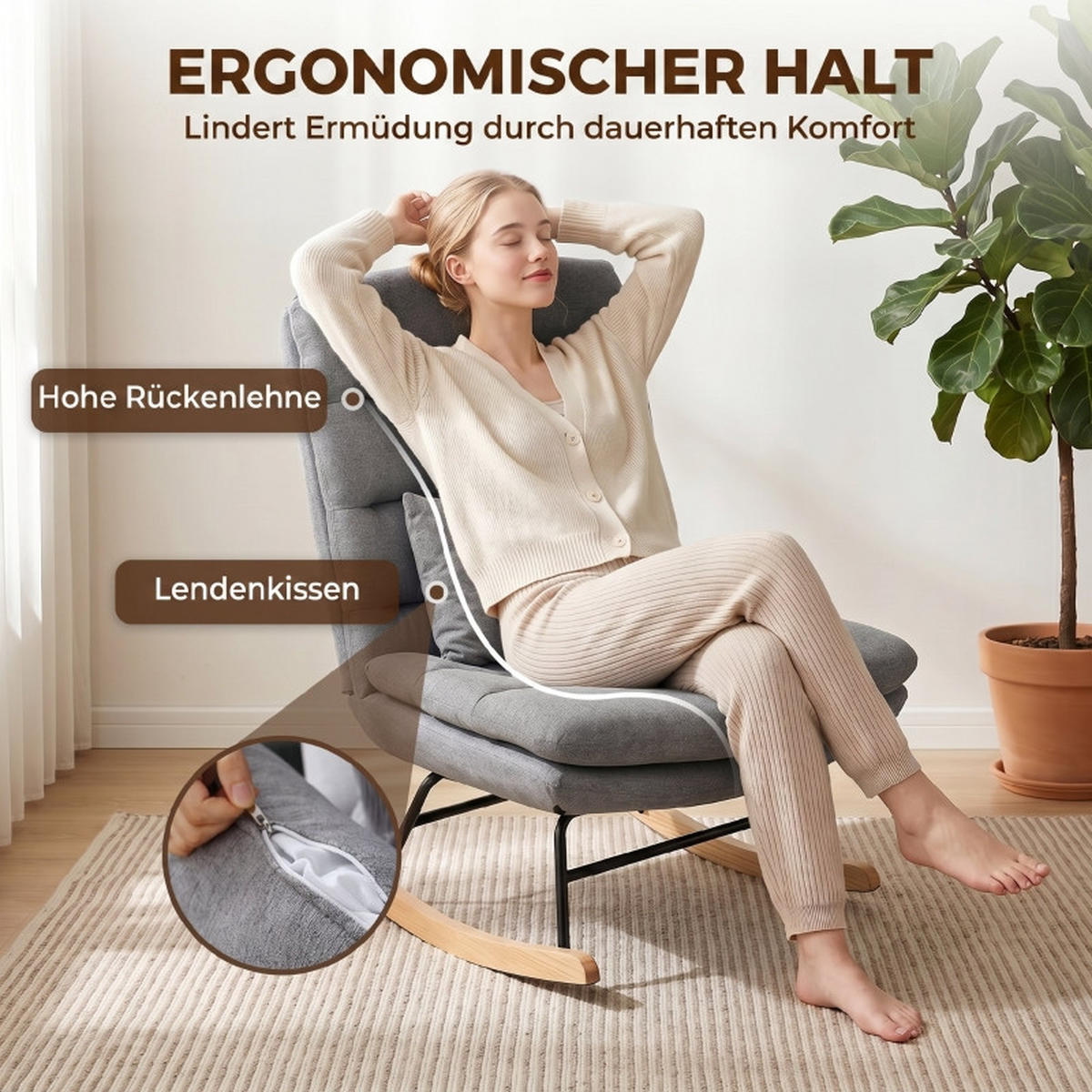 SCHAUKELSTUHL 92/72/102 cm Hellgrau Leinen mit Lendenkissen - Hellgrau, Textil (72/102/92cm) - Oxeza