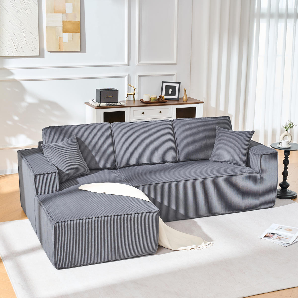 ECKSOFA 235/128/80 cm Grau Cord mit Linke Chaiselongue - Grau, Textil (235/128cm) - Oxeza