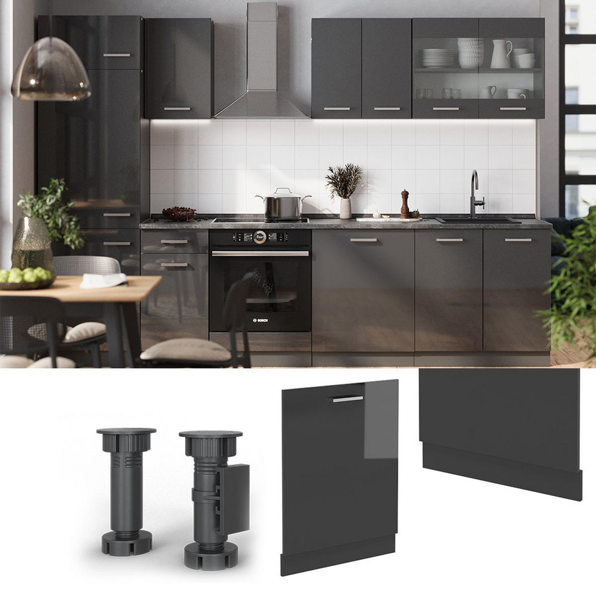 GESCHIRRSPÜLBLENDE R-Line Anthrazit Hochglanz 60 cm ohne Arbeitsplatte - Schwarz Hochglanz/Anthrazit, Holzwerkstoff (60/81.8/1.6cm) - Vicco