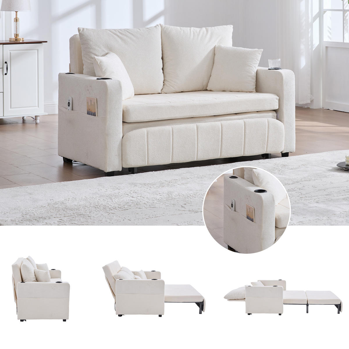 SOFA klappbar mit 4 Kissen und USB-Ladefunktion Chenille Beige 139/83/58 cm - Beige, Textil (139/83/73cm) - OKWISH