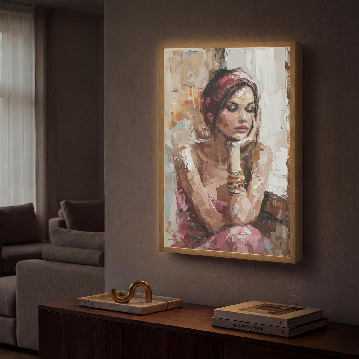 NÁSTĚNNÁ LAMPA S AKUMULÁTOREM Žena - vzhled malby - portrét - moderní 40x60 cm - hnědá, kompozitní dřevo (40/60/8cm) - OnlyWow