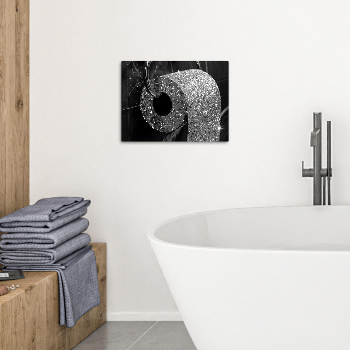 LEINWANDBILD WC - Toilettenpapier - Schwarz und weiß - Badezimmer 40x30 cm - Silberfarben, Textil (40/30cm) - MuchoWow