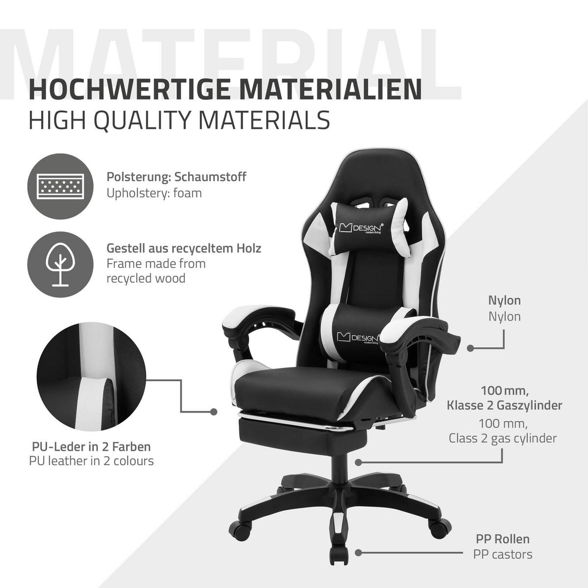 GAMING STUHL Schwarz-Weiß aus Kunstleder - Schwarz/Weiß, Kunststoff/Metall (62/119/62cm) - ML-DESIGN