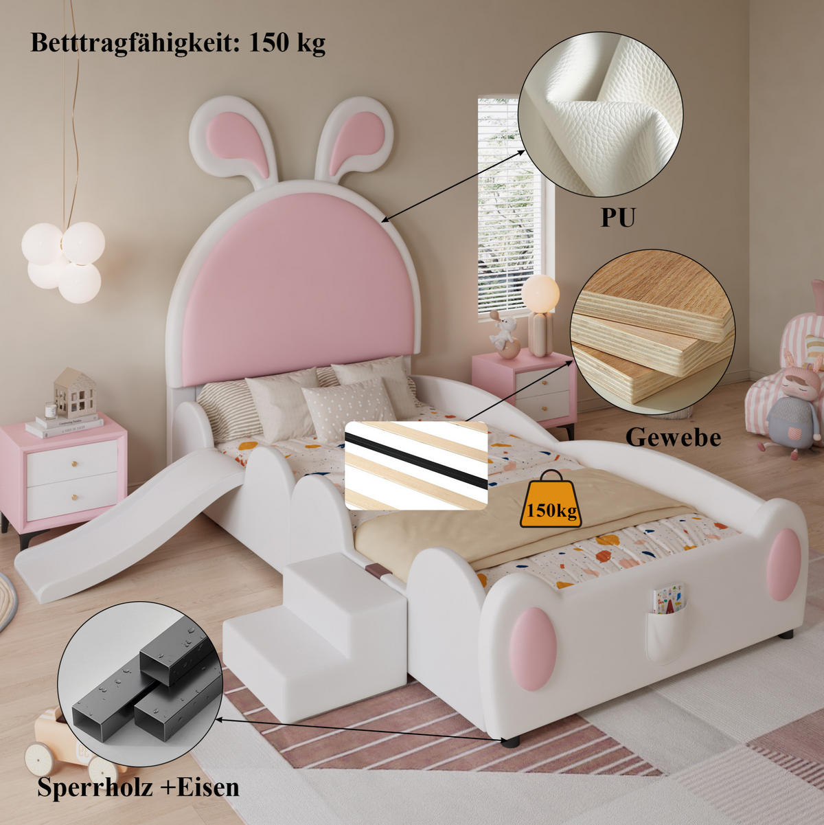KINDERBETT 90/200 cm Weiß/Rosa aus PU mit Rutsche und Treppe - Pink, Kunststoff (90/200cm) - OKMYHOME