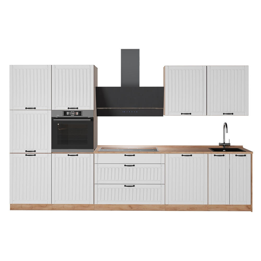 KÜCHENZEILE Fame-Line, Weiß Landhaus/Goldkraft Eiche, 340 cm ohne Arbeitsplatte - Honigeiche/Weiß, Holzwerkstoff (340/206.8/51.6cm) - Vicco