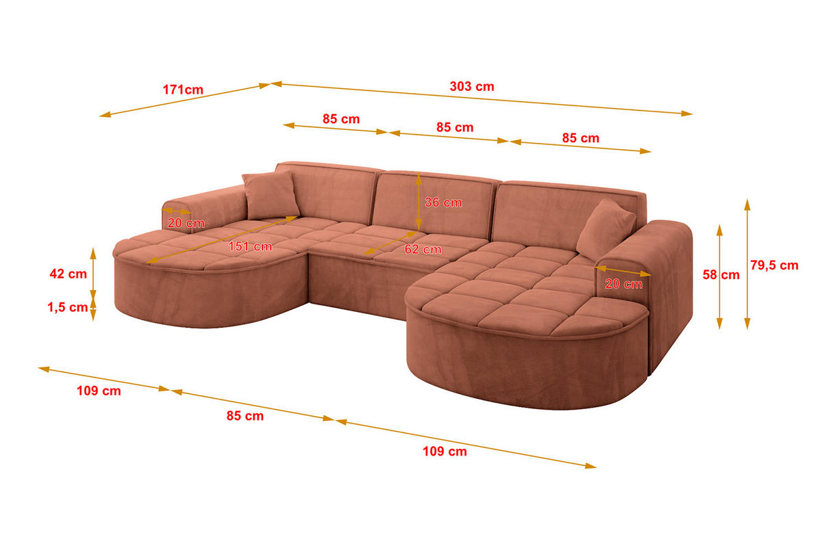 WOHNLANDSCHAFT TARO-U1 - 303x171x79,5 cm Apricot - Koralle, Holzwerkstoff/Textil (303/79.5/171cm) - ALTDECOR