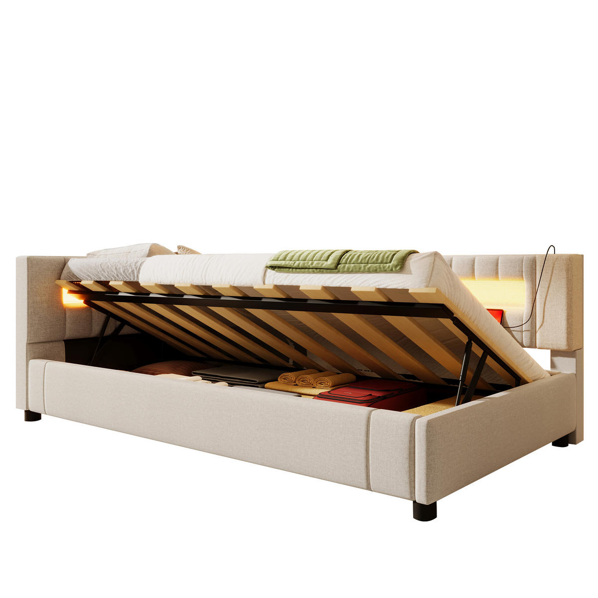 POLSTERBETT aus Leinen 90x200 cm in Beige mit LED & hydraulischem Stauraum - Beige, Textil (90/200cm) - Modfu