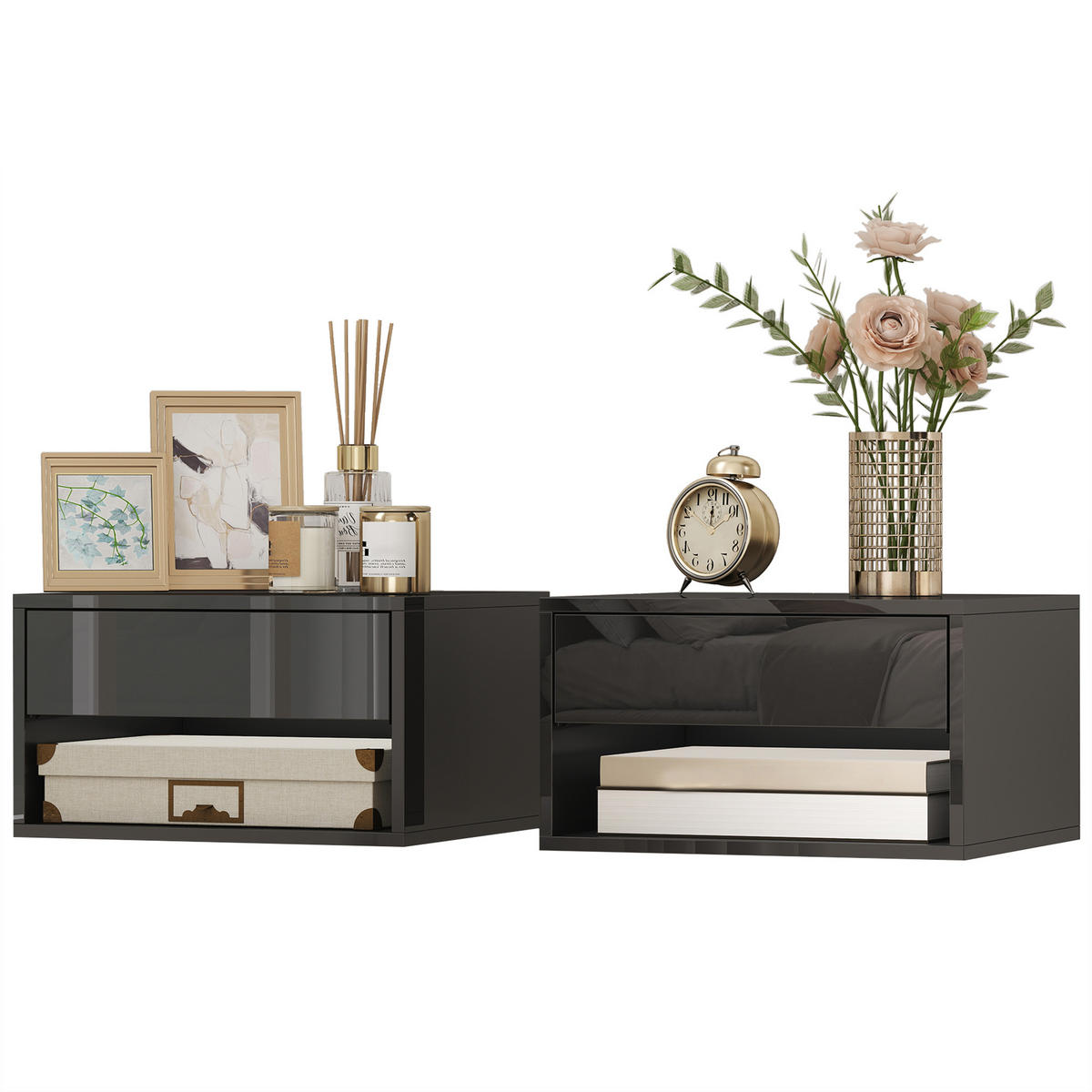 NACHTSCHRANK 2er-Set DE-12946 Schublade und offenes Fach Schwarz - Schwarz, Holzwerkstoff (32/21/37cm) - ComfortXL