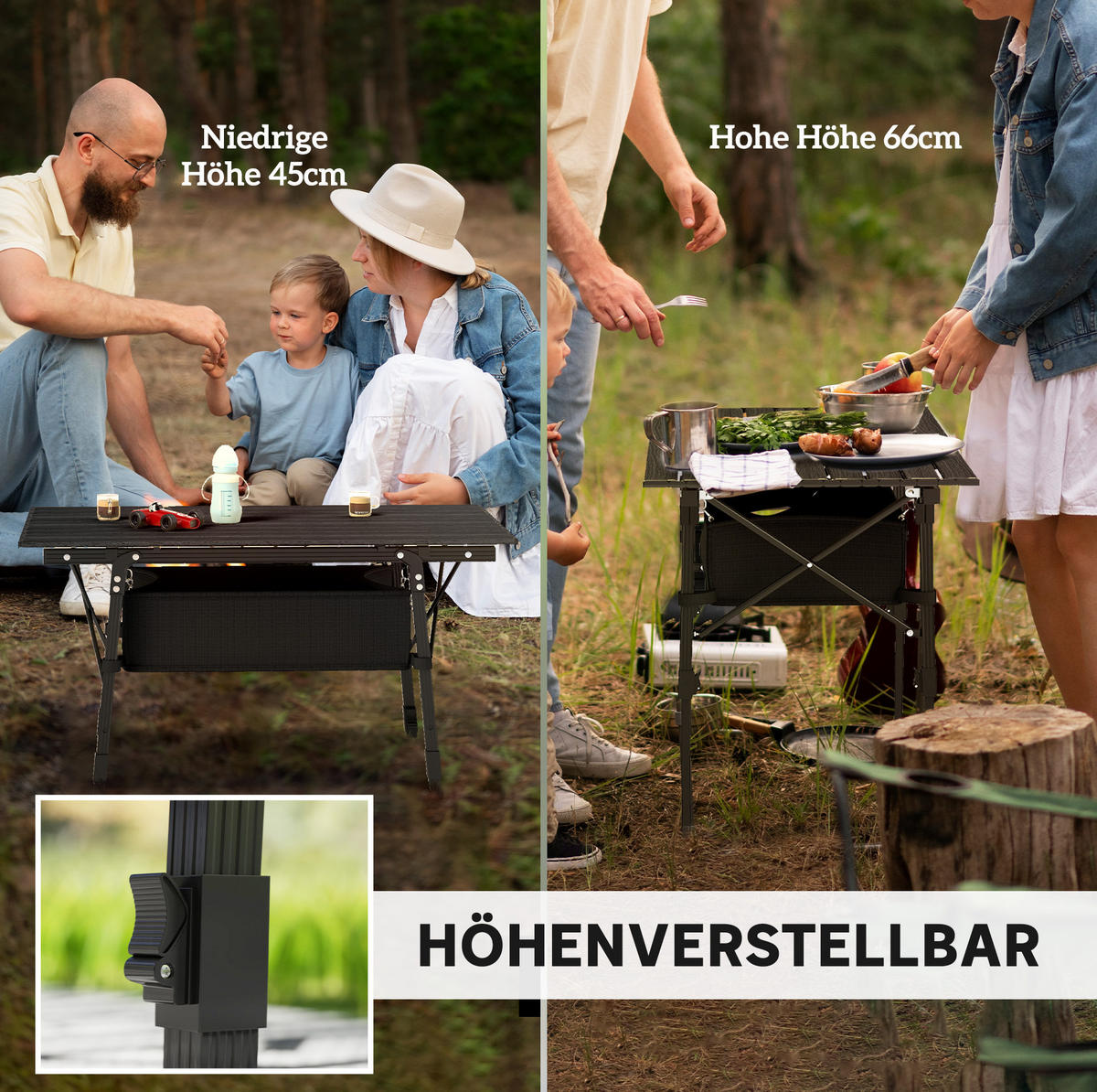 CAMPINGTISCH 90/55/45-66 cm schwarz aus Aluminium klappbar - Schwarz, Metall (90/55/66cm) - OKWISH