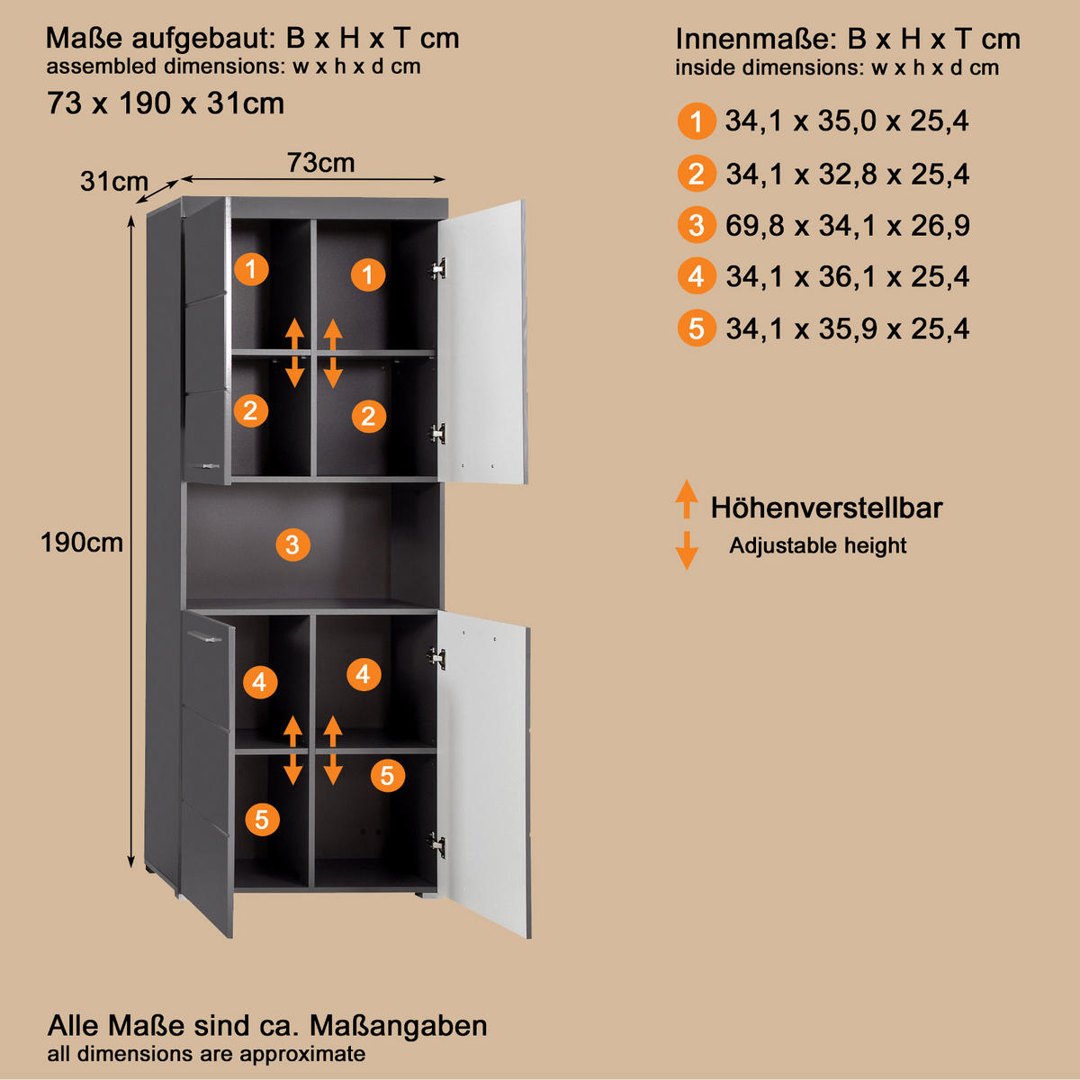 HOCHSCHRANK grau Hochglanz 73 x 190 cm, Badschrank 4-türig - Grau, Holzwerkstoff/Kunststoff (73/190/31cm) - Top.Furn