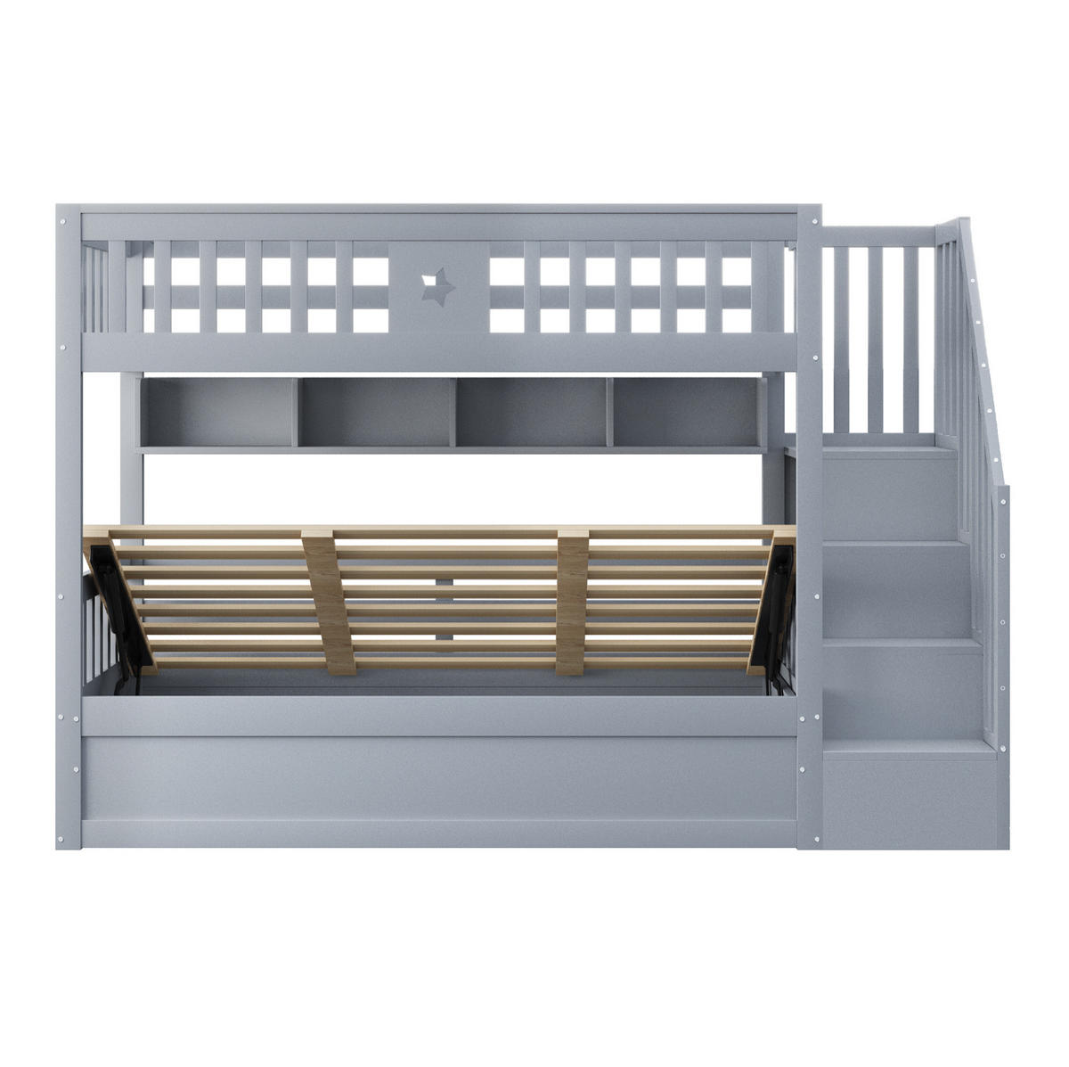 HOCHBETT 90/200 cm mit hydraulischem Stauraum, Regalen und Treppe, Grau - Grau, Holzwerkstoff (90/200cm) - Redom