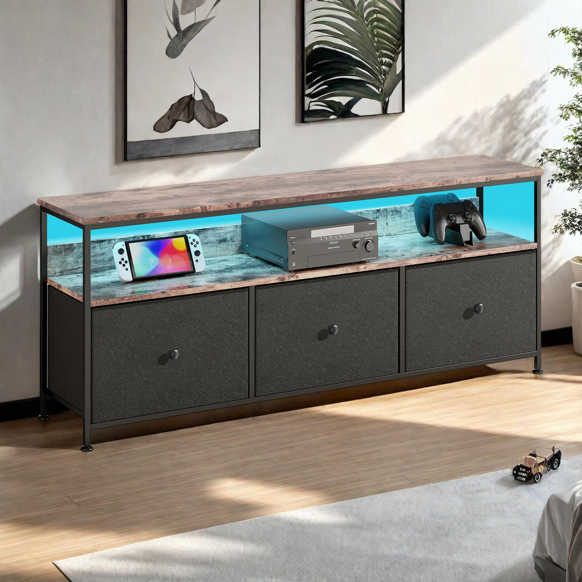 TV-SCHRANK 137 cm mit LED, 3 Stoffschubladen & Offene Fächer - Schwarz, Holz (30/57/137cm)