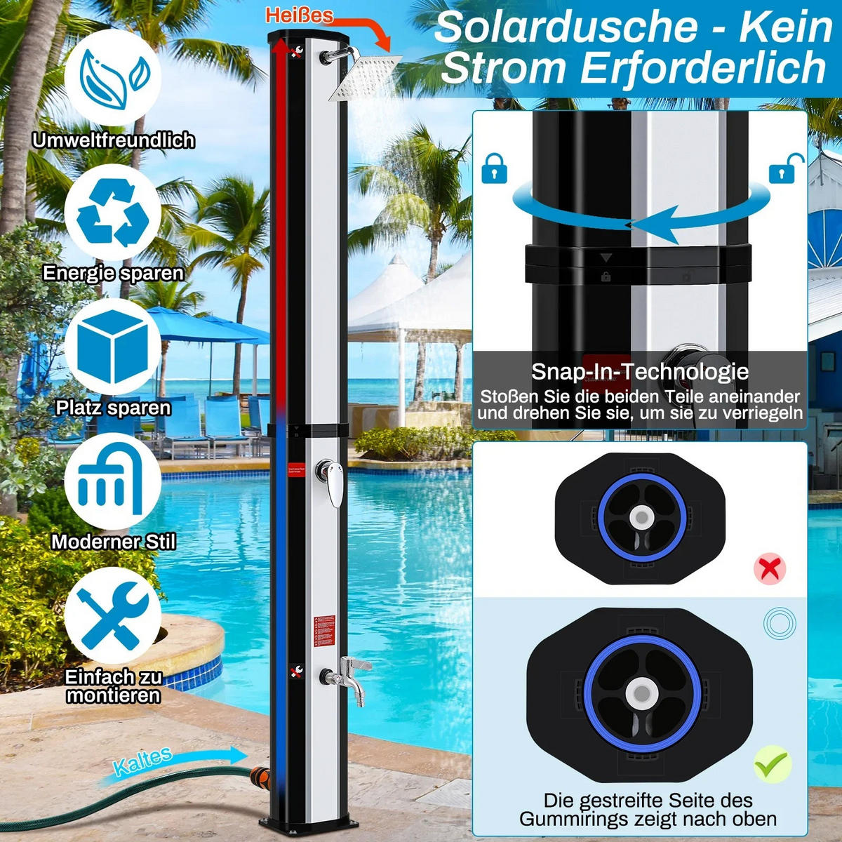 SOLARDUSCHE mit Duschkopf, 40L Kalten Heißer Silber für Garten Strand Pool - Silberfarben, Kunststoff (18/225/14.5cm) - Kaket