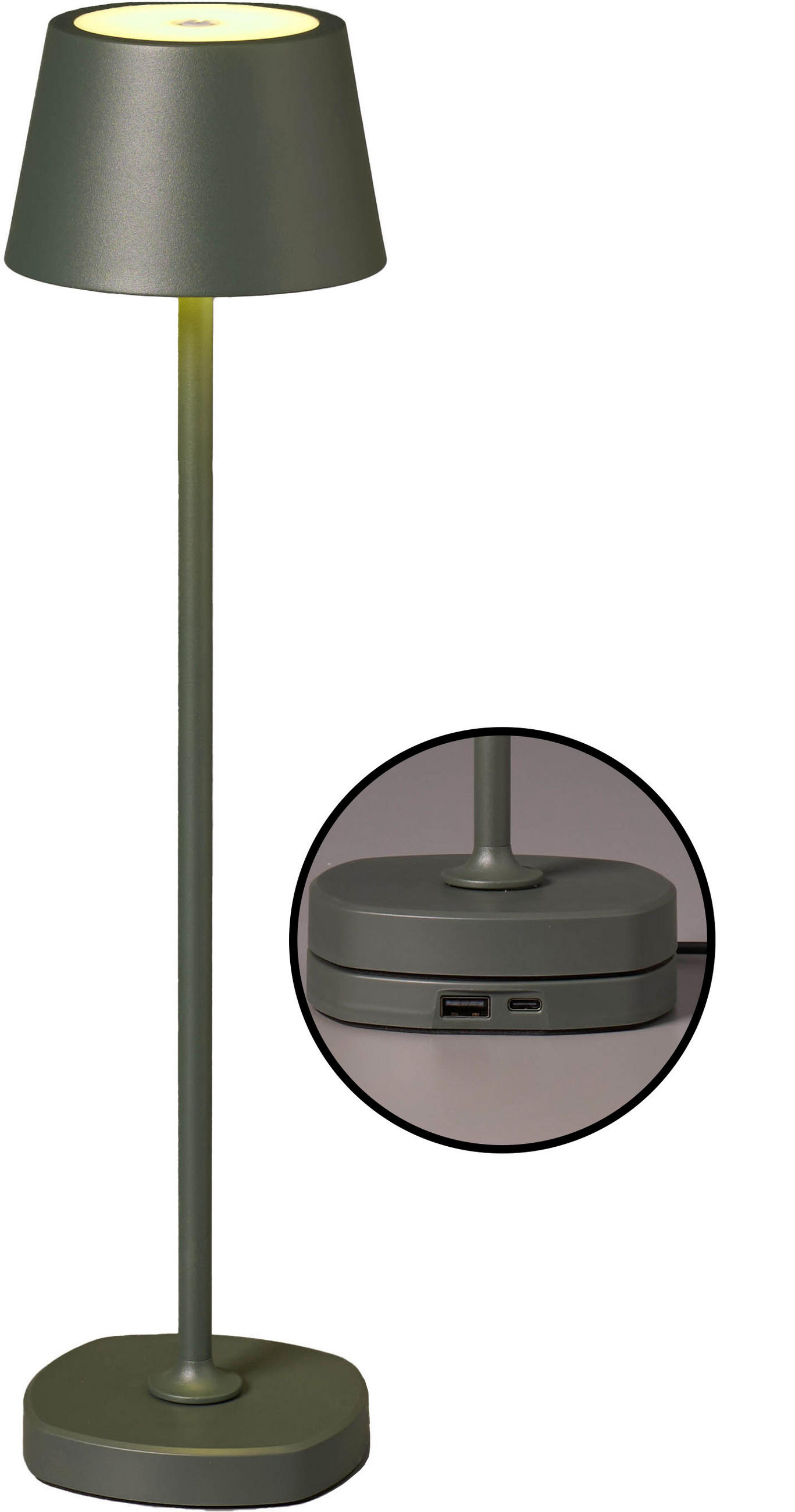 LED-AKKU Tischlampe mit Ladestation Ø 11 x 45 cm stufenlos dimmbar für Innen und Außen olivegrün - Olivgrün, Metall (11/11/45cm) - Northpoint