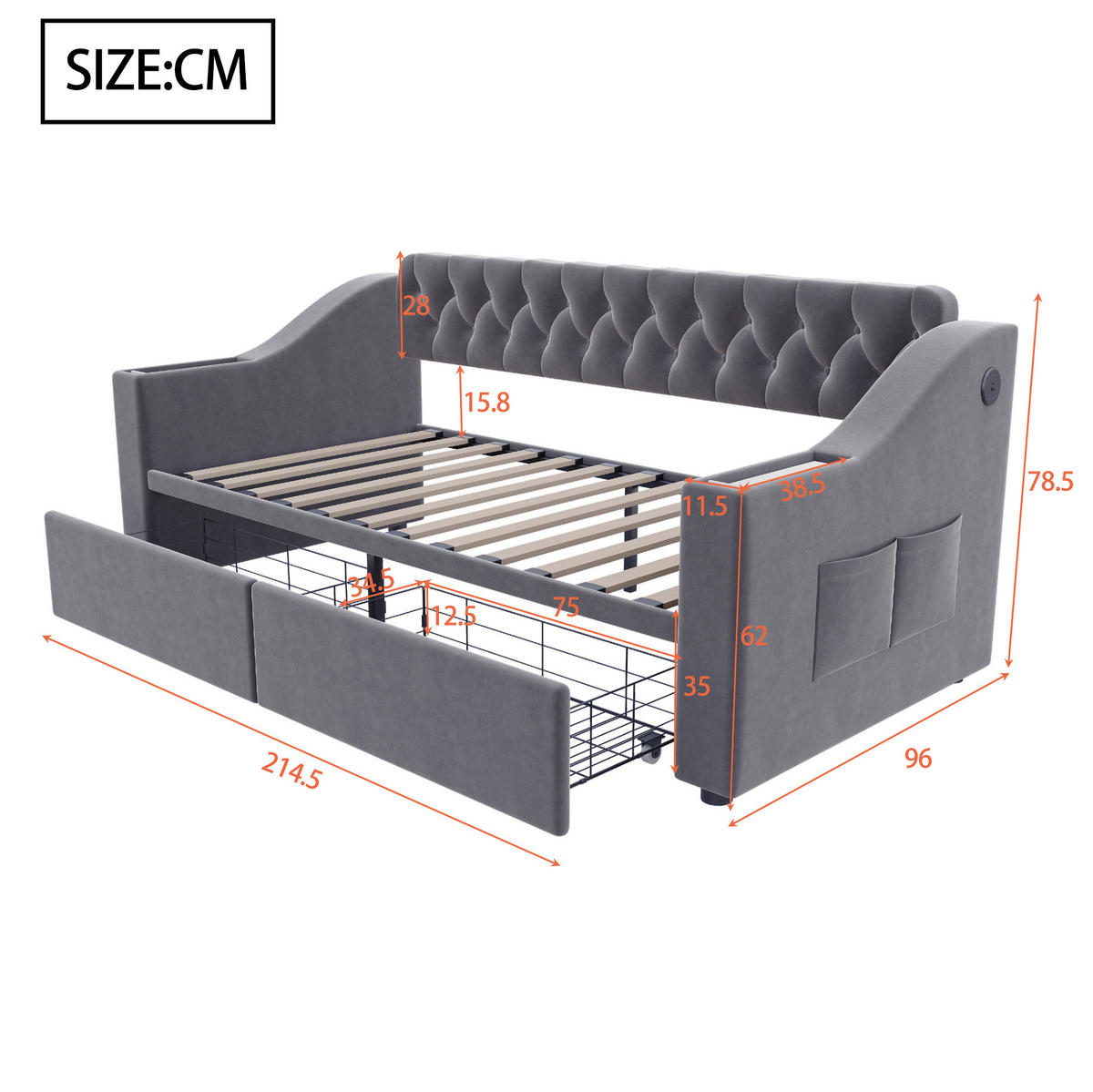 ČALOUNĚNÁ postel 90/190 cm tmavě šedá ze sametu s USB porty a úložnými zásuvkami - šedá, textil (90/190cm) - OKWISH
