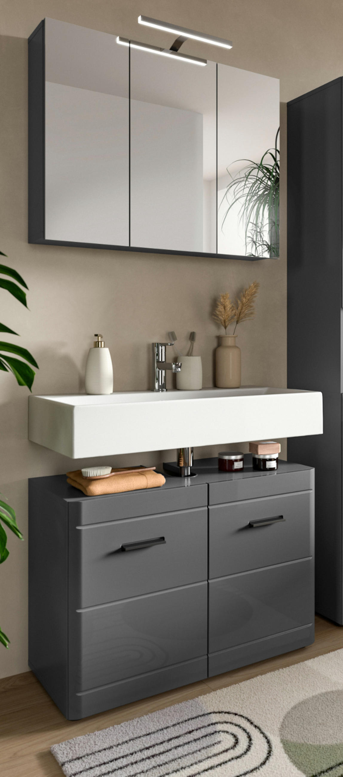 BADMÖBEL-SET 2-teilig grau Hochglanz 80 cm, Badschränke mit Soft-Close - Grau, Glas/Holzwerkstoff (80/190/34cm) - Inn.Furn