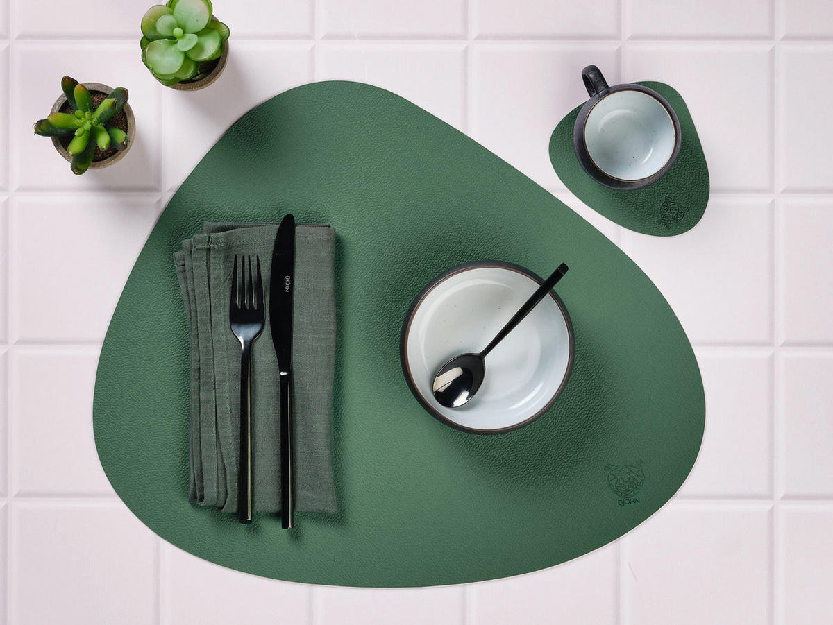 UNTERSETZER - 6er-Set - Recyceltes Leder in Senfgelb und Tannengrün - Gelb, Textil (11/13cm) - Björn