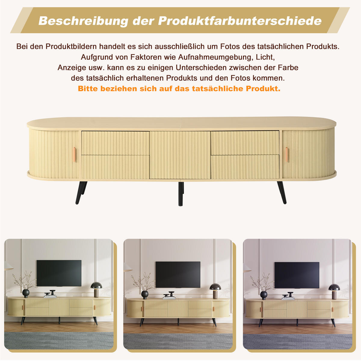 TV komoda 180/40/45 cm s kliznim vratima, 4 ladice i okomitim prugastim uzorkom u izgledu drva - prirodne boje, drvni materijal (180/45/40cm) - CHICFURN
